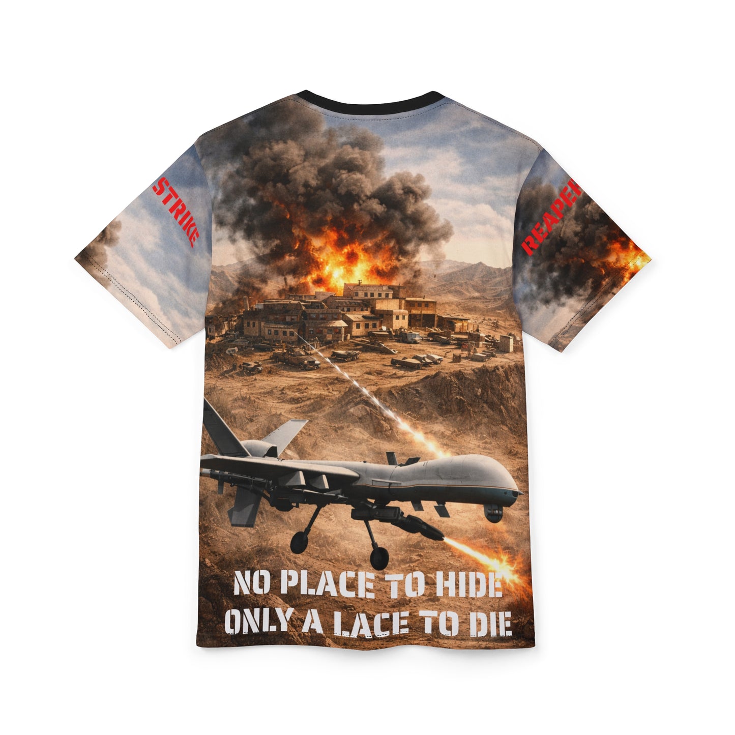 All-Over Print Tee — "Drone Strike Against Terrorist Training Facility" Graphic
