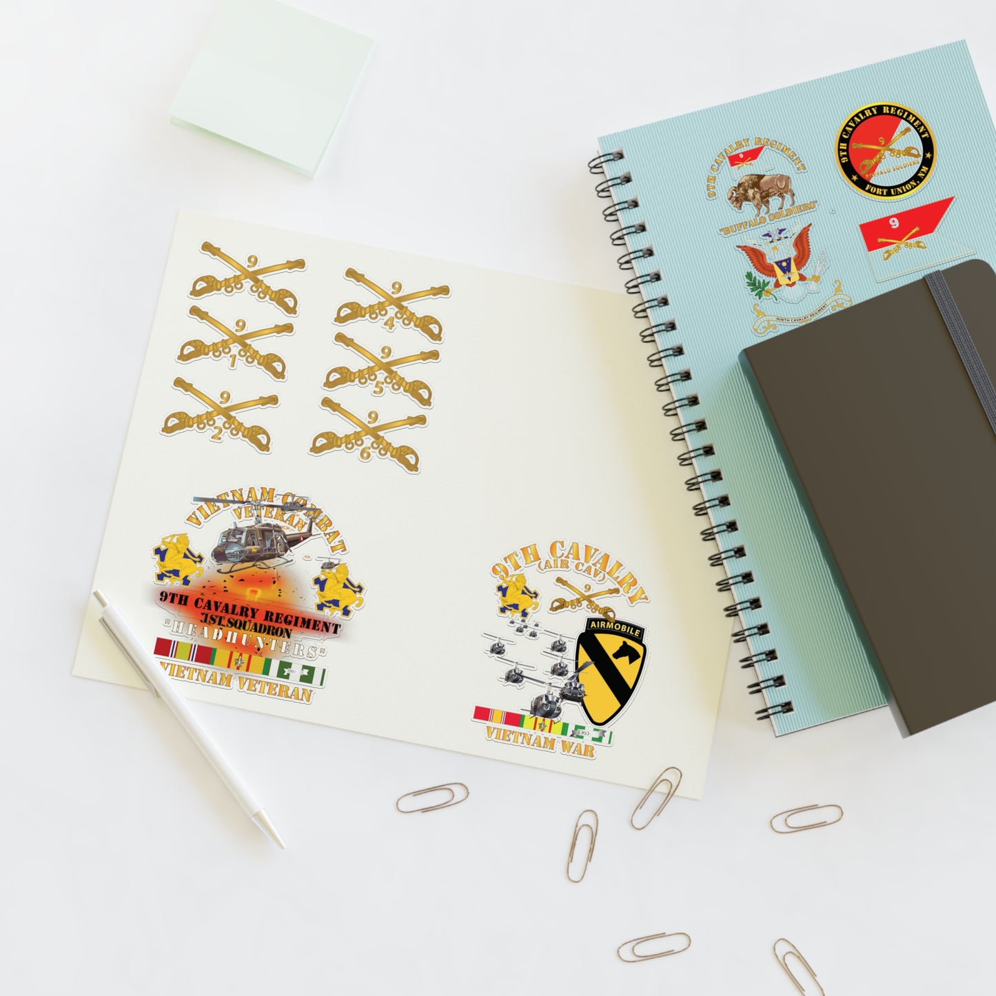 Military Sticker Sheets, 9th Cavalry Regiment with All Squadron Branch Insignia, Buffalo Soldiers, Air Cav, Headhunters Versions