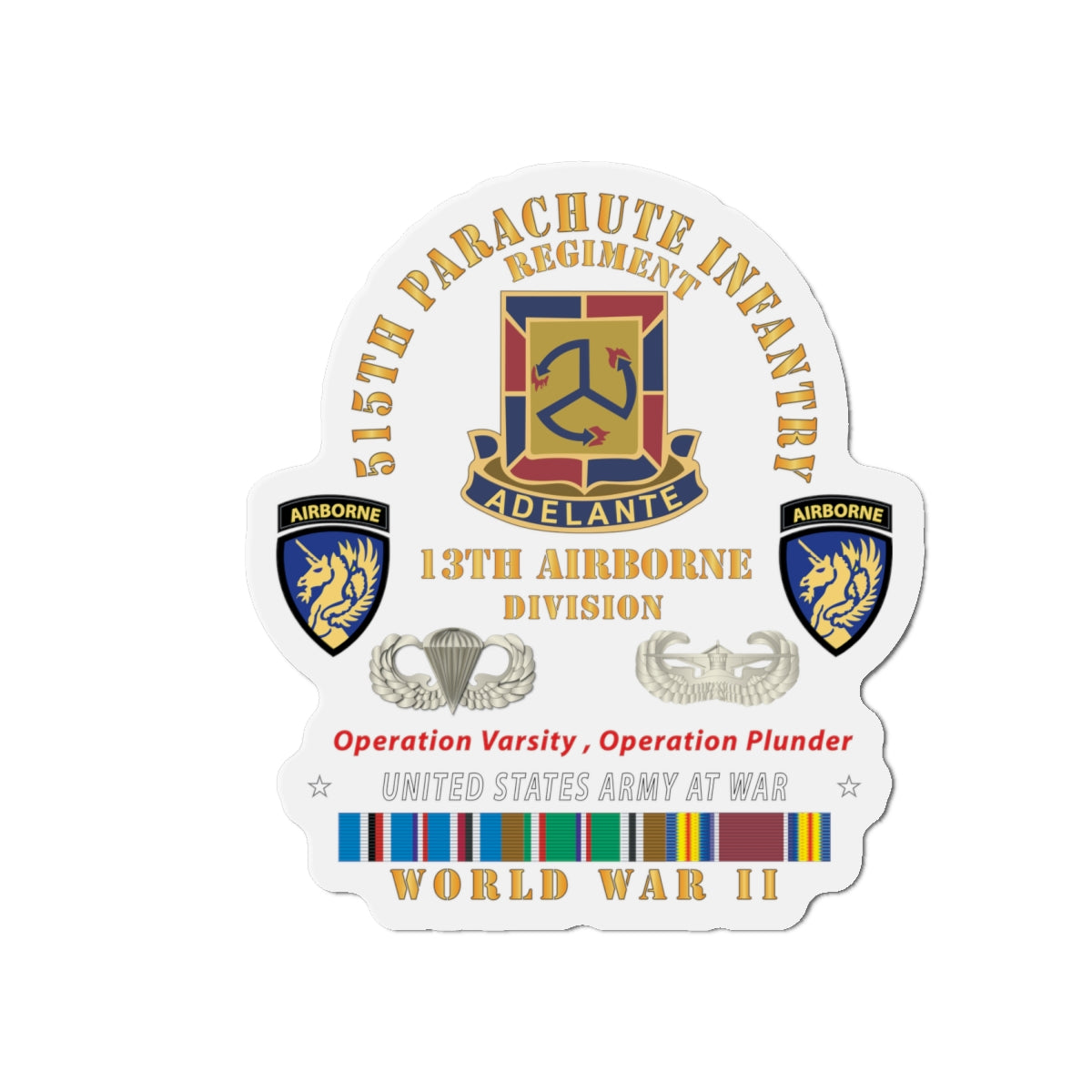 Die-Cut Magnets - Army - 515th Parachute Infantry Regiment - DUI - 13th Airborne Div w Parachute - EUR SVC WWII X 300