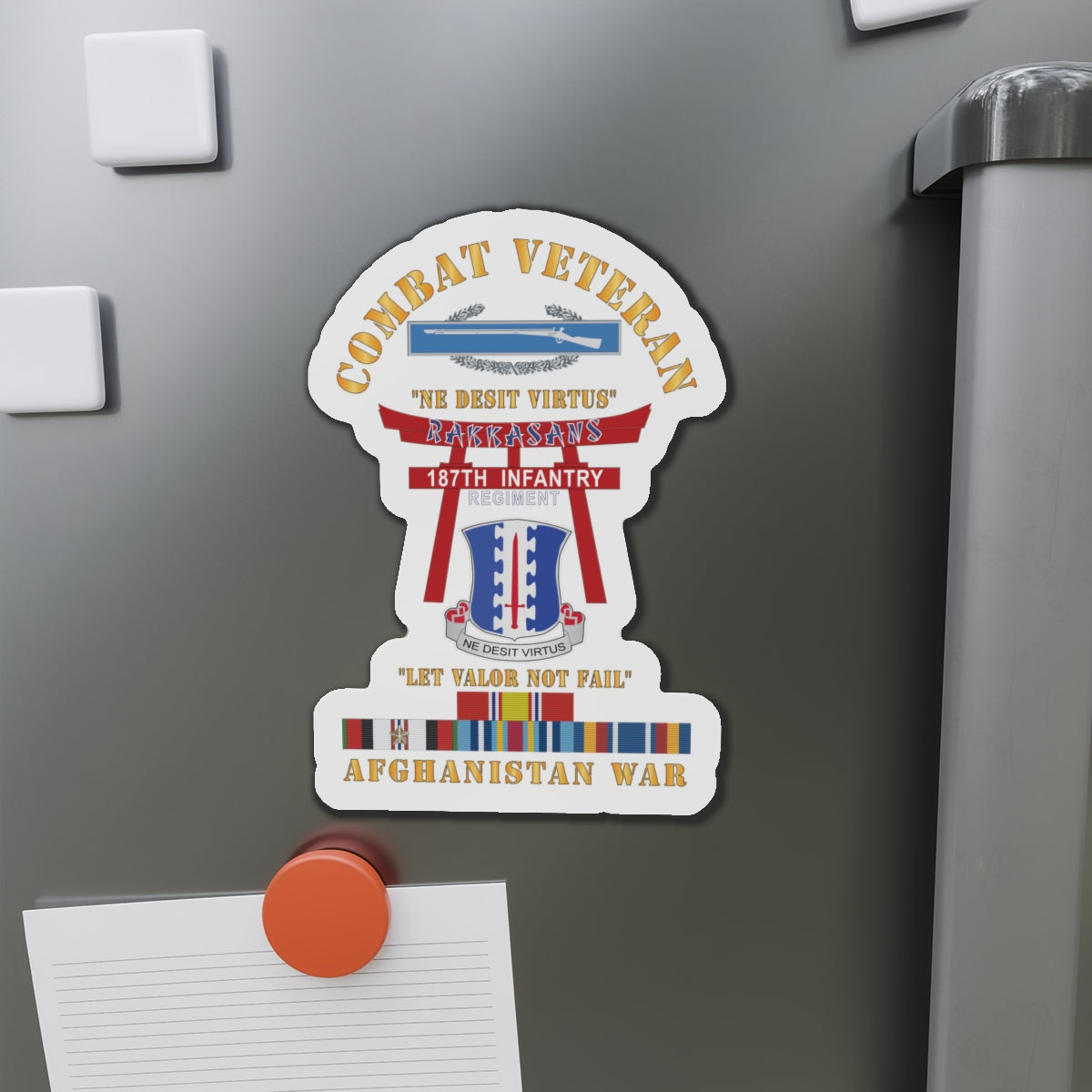 Die-Cut Magnets - Army - Combat Veteran - 187th Infantry Regiment - Torii, Rakkasans, Let Valor Not Fail, English, Latin w CIB w AFGHAN SVC X 300