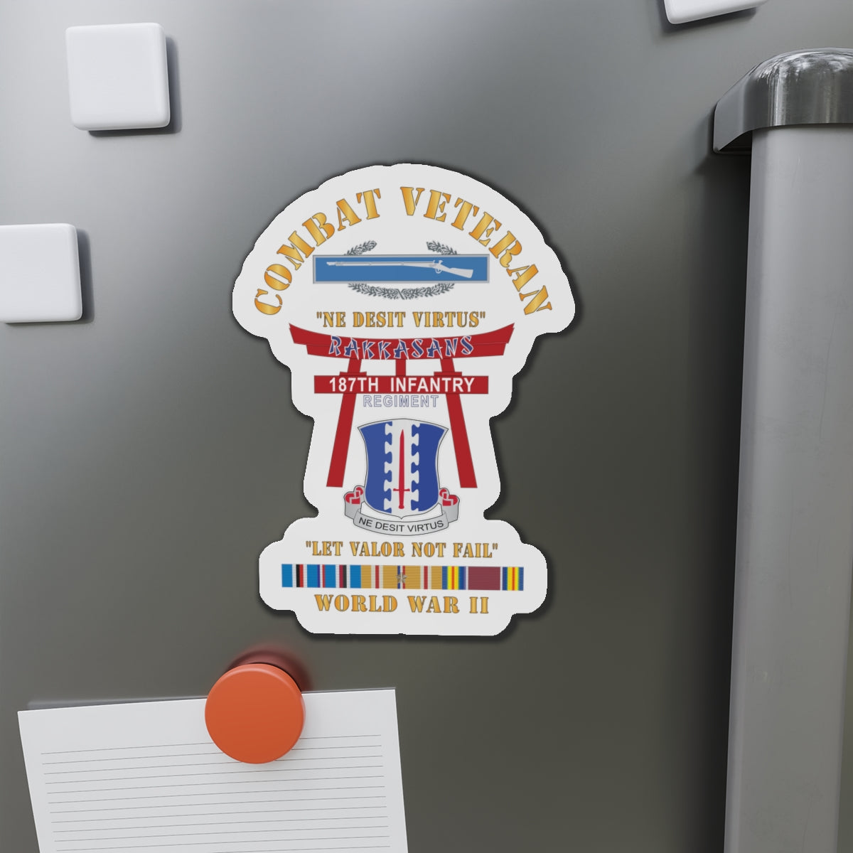 Die-Cut Magnets - Army - Combat Veteran - 187th Infantry Regiment - Torii, Rakkasans, Let Valor Not Fail, English, Latin w CIB w WWII PAC SVC X 300