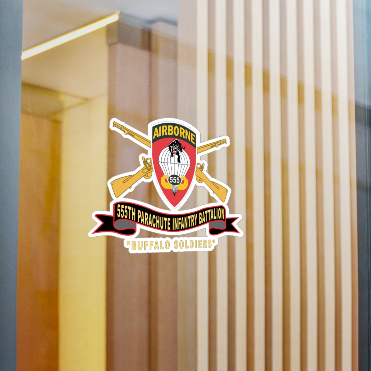 Kiss-Cut Vinyl Decals - Army - 555th Parachute Infantry Battalion - SSI - Black - Red Buffalo Soldiers w Br - Rib