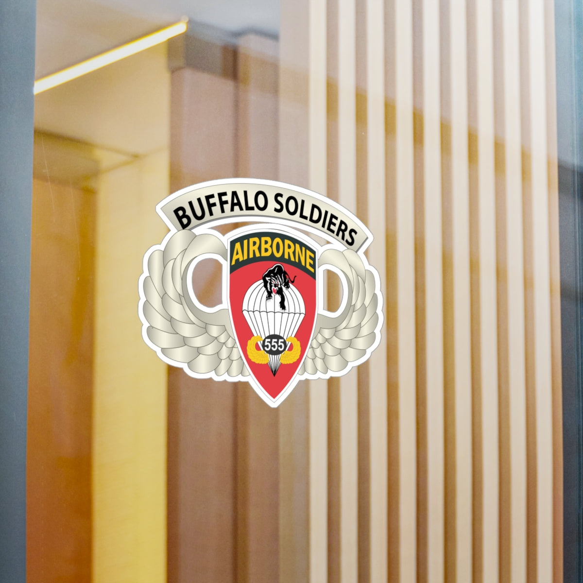 Kiss-Cut Vinyl Decals - Army - Airborne Badge - 555th Parachute Infantry Bn - SSI w Buffalo Soldiers Tab X 300