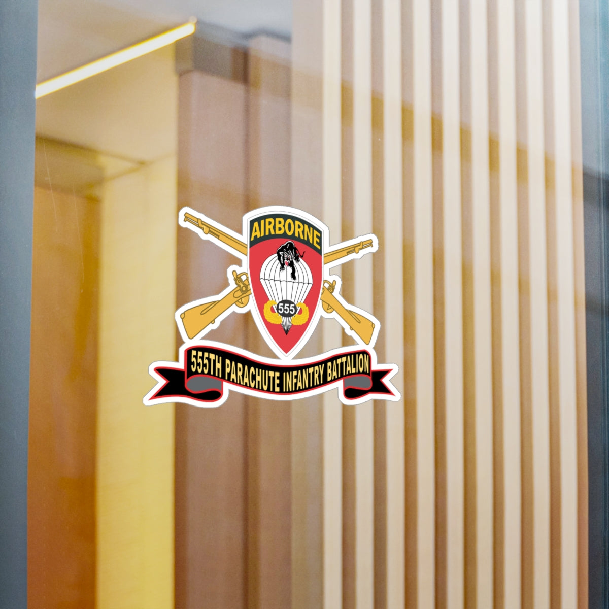 Kiss-Cut Vinyl Decals - Army - 555th Parachute Infantry Battalion - SSI - Black - Red w Br - Ribbon X 300