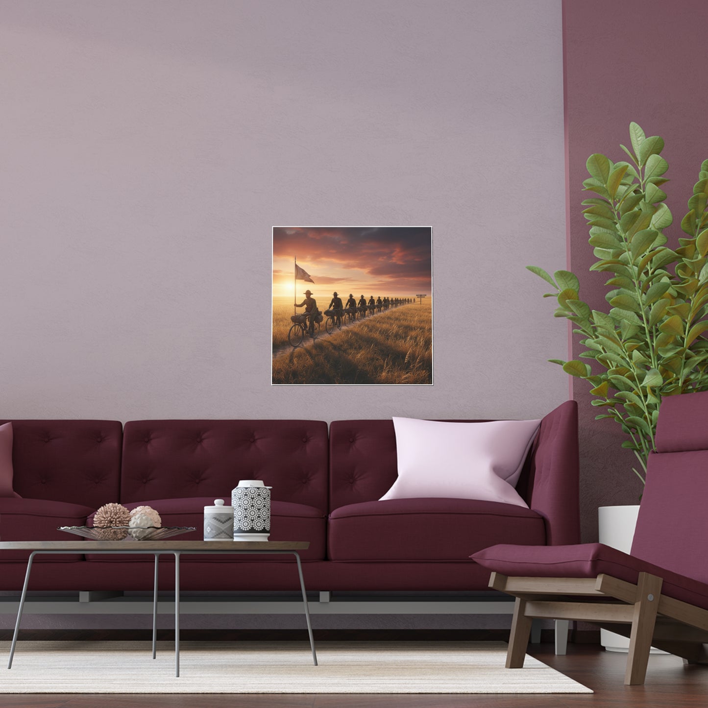 Indoor and Outdoor Silk Posters - E Company 25th Infantry Buffalo Soldiers Bicycle Corps with Guidon on the Prairie at Sunset