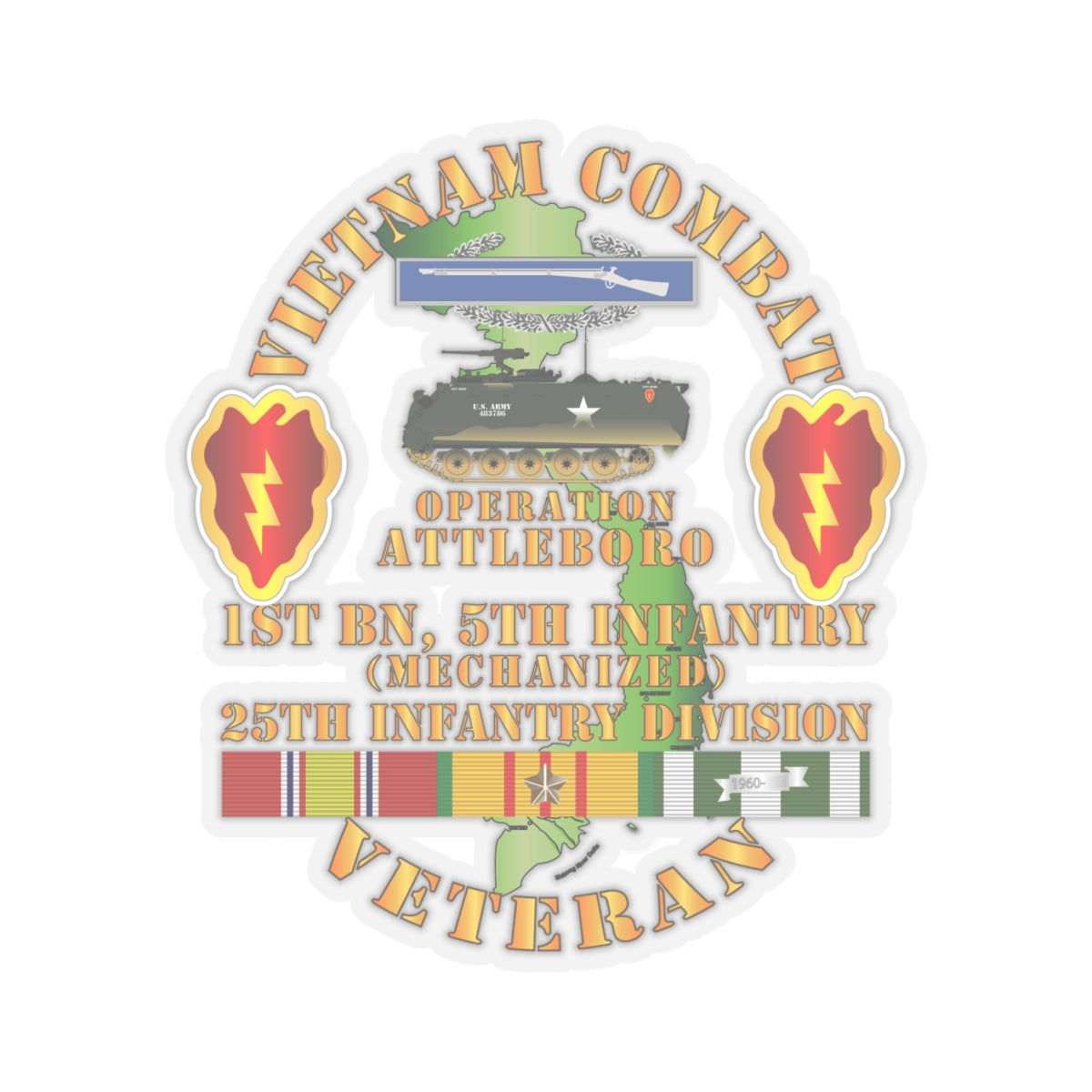 Kiss-Cut Stickers - Vietnam Combat Vet w 1st Bn 5th Inf - 25th Inf Div - Operation Attleboro w VN SVC