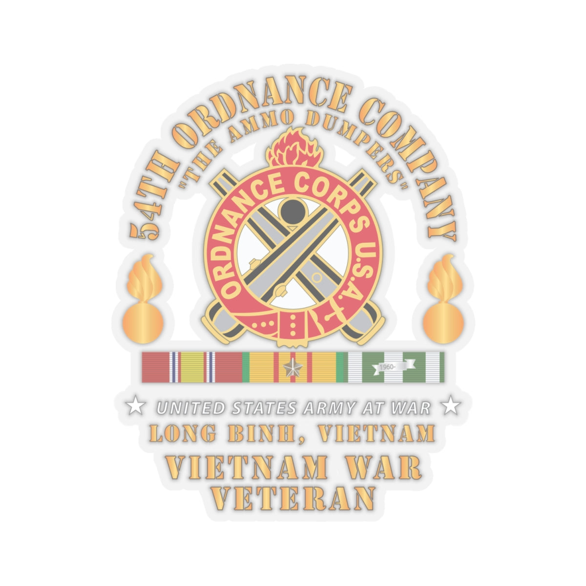 Kiss-Cut Stickers - 54th Ordnance Company - ORD Emblem - Ammo Dumpers - Long Binh, Vietnam Vet w VN SVC X 300