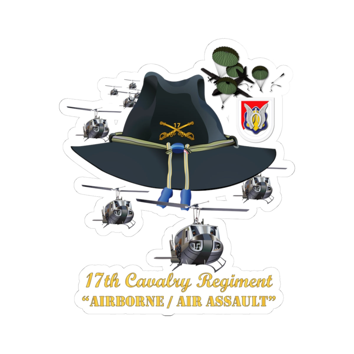 Kiss-Cut Stickers - 17th Cavalry Hat - Abn - Air Assault w Br w Flash w Slicks