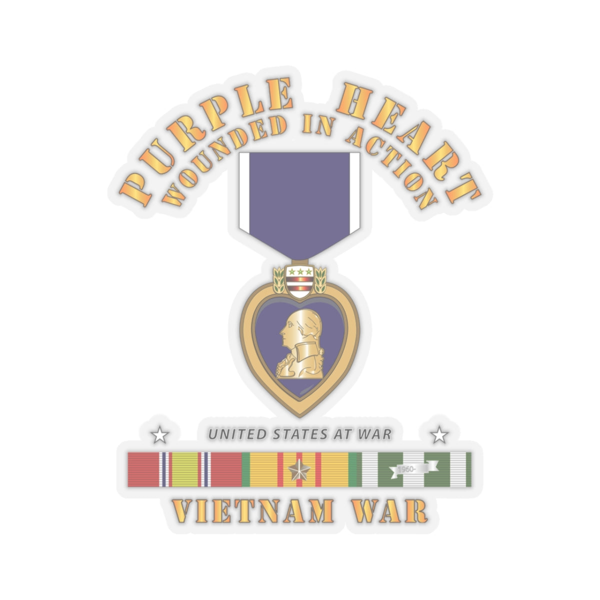 Kiss-Cut Stickers - Purple Heart - Wounded In Action w Vietnam Service Ribbons