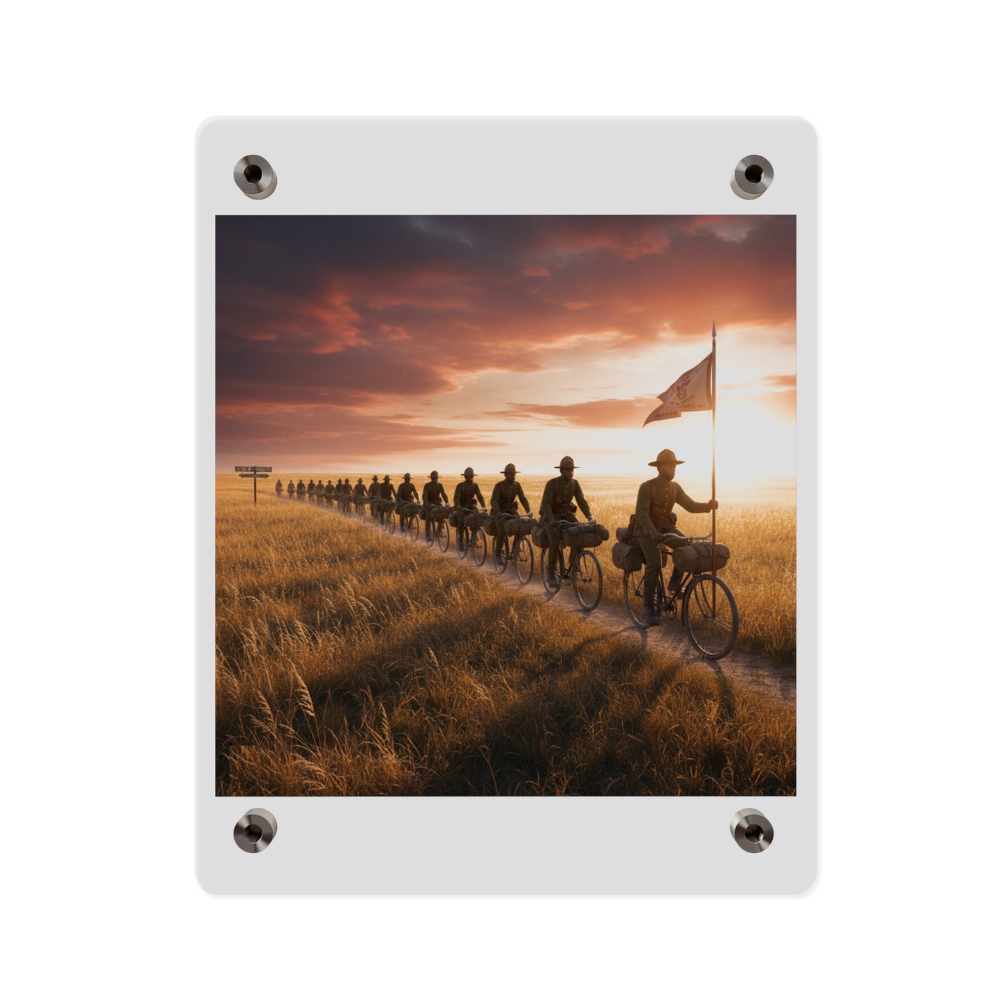 Acrylic Wall Art Panel - E Company 25th Infantry Buffalo Soldiers Bicycle Corps with Guidon on the Prairie at Sunset