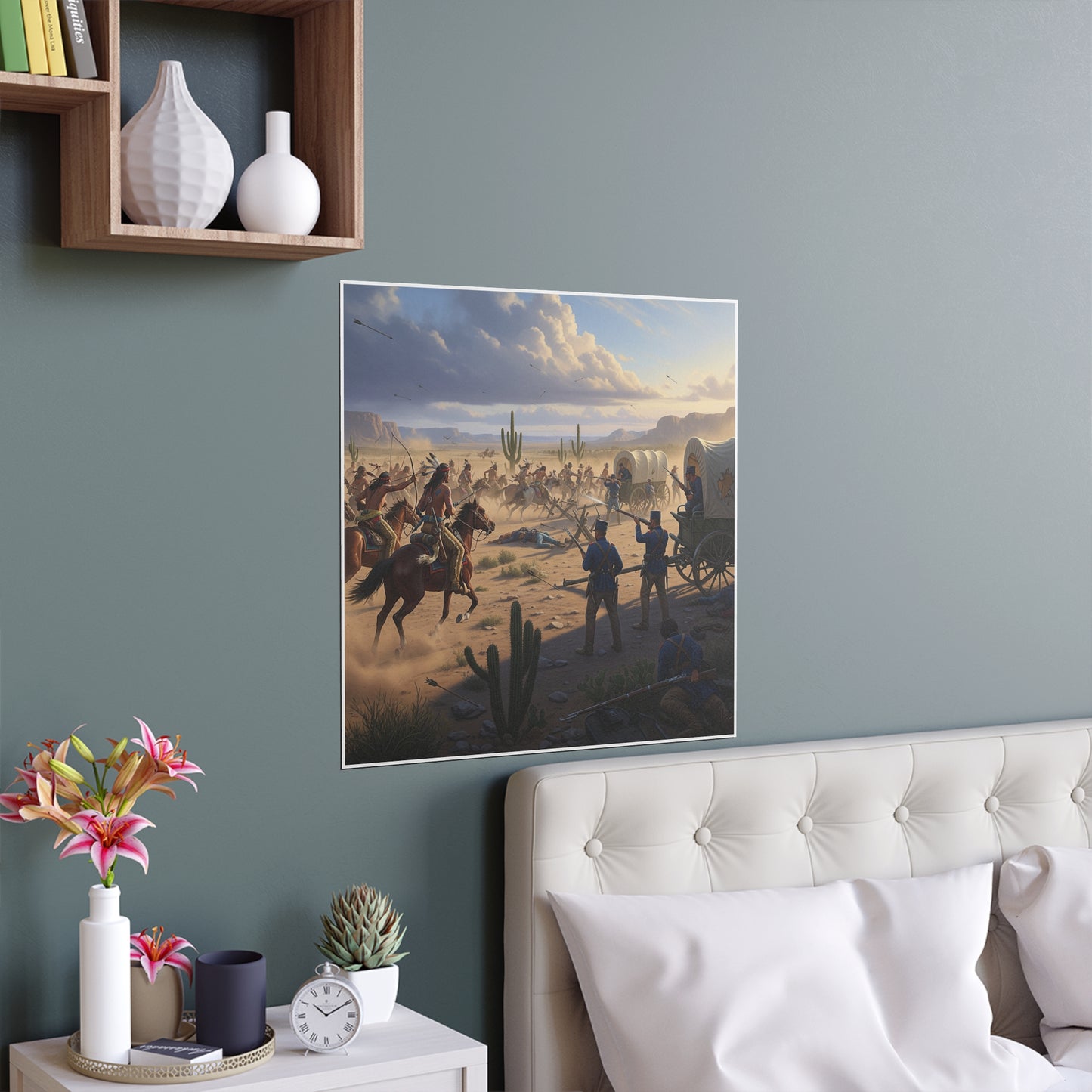 Indoor and Outdoor Silk Posters - Apache Indians attacking a US Army defending a wagon train