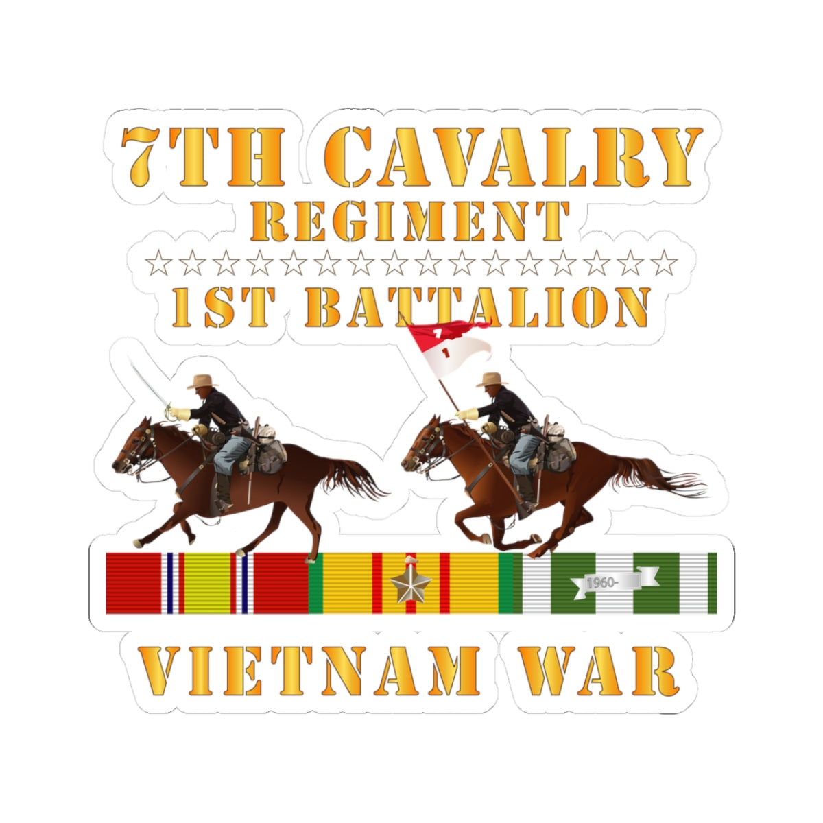 Kiss-Cut Stickers - 1st Battalion, 7th Cavalry Regiment - Vietnam War wt 2 Cav Riders and VN SVC X300