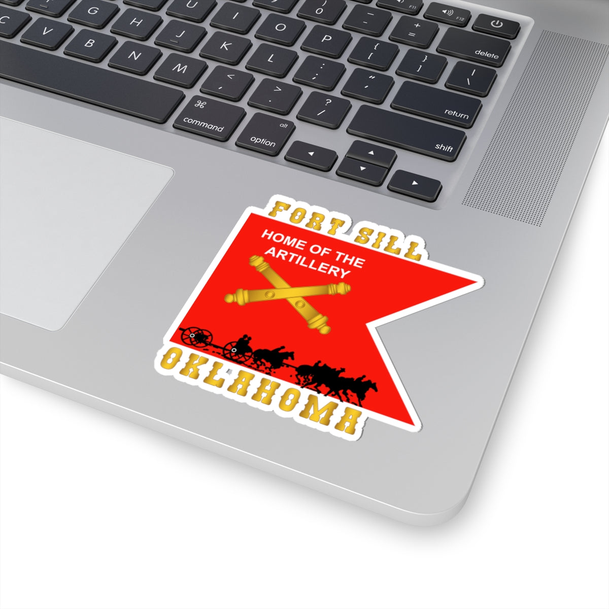 Kiss-Cut Stickers - Fort SIll, Home of Artillery Guidon w Cassion - Black X 300