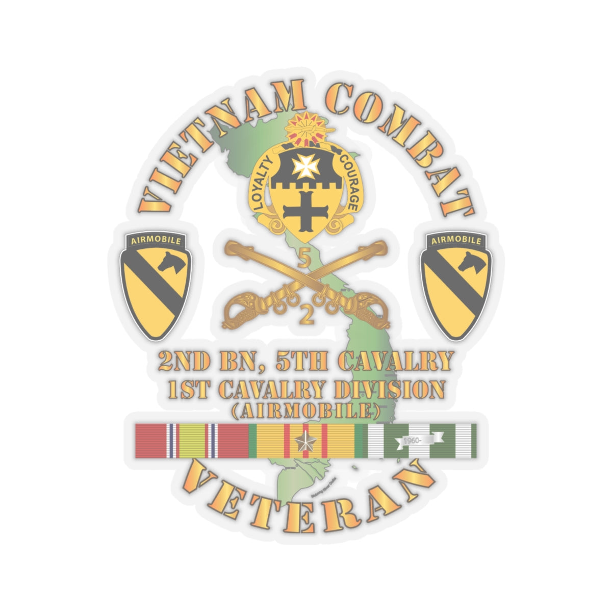 Kiss-Cut Stickers - Vietnam Combat Cavalry Veteran w 2nd Bn 5th Cav DUI - 1st Cav Div