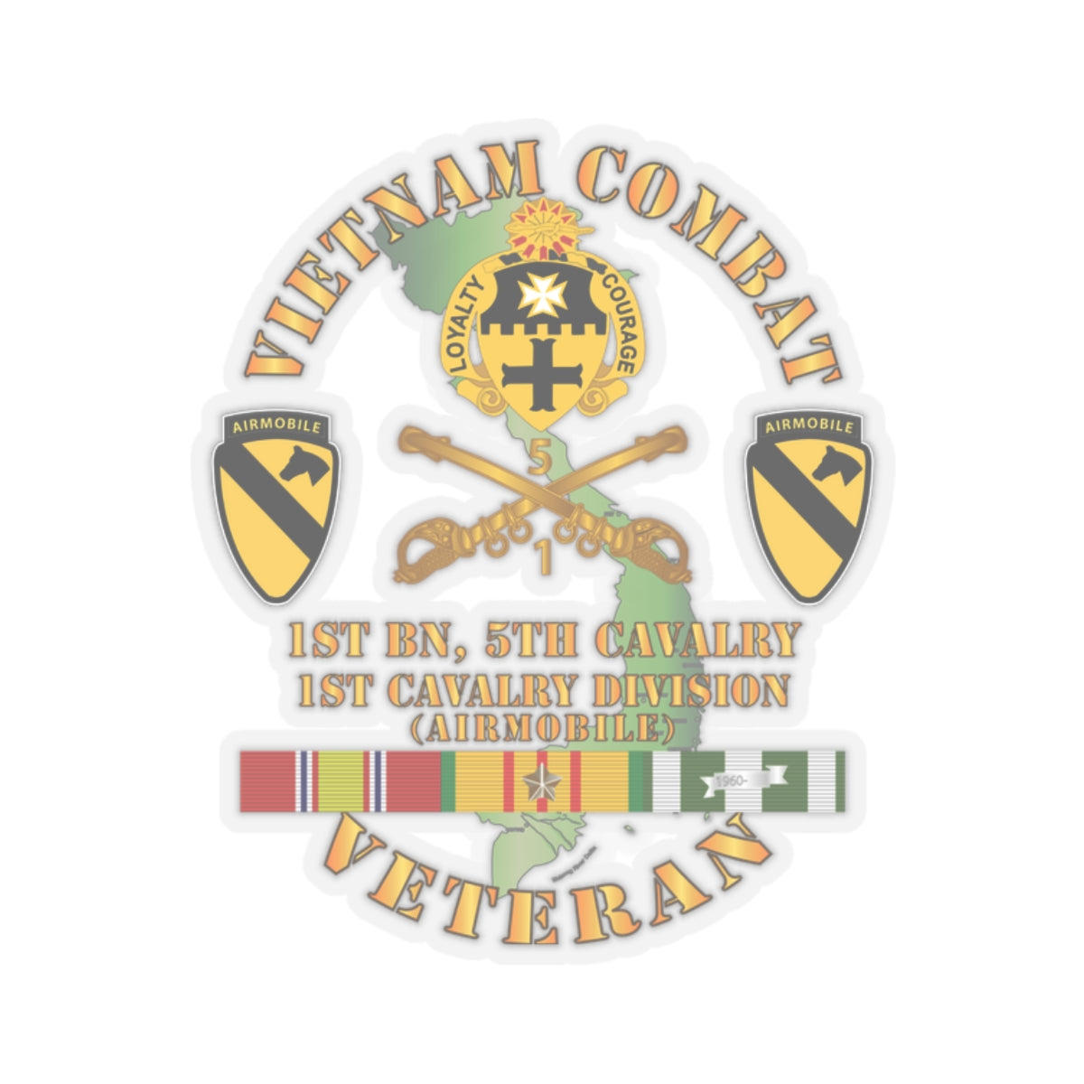 Kiss-Cut Stickers - Vietnam Combat Cavalry Veteran w 1st Bn 5th Cav DUI - 1st Cav Div