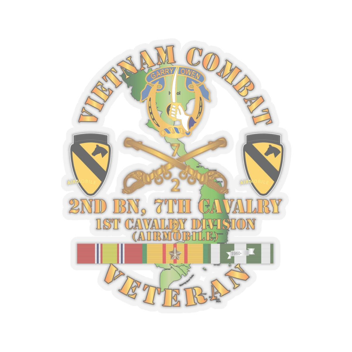 Kiss-Cut Stickers - Vietnam Combat Cavalry Veteran w 2nd Bn 7th Cav DUI - 1st Cav Div