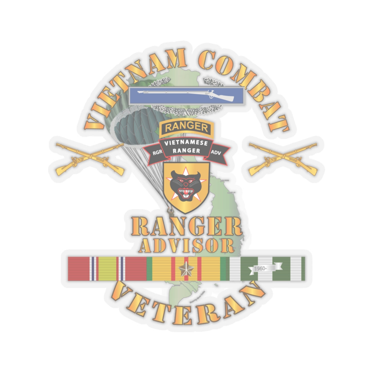 Kiss-Cut Stickers - Vietnam Combat Infantry Vet w Vietnamese Ranger Advisor w Parachute X 300