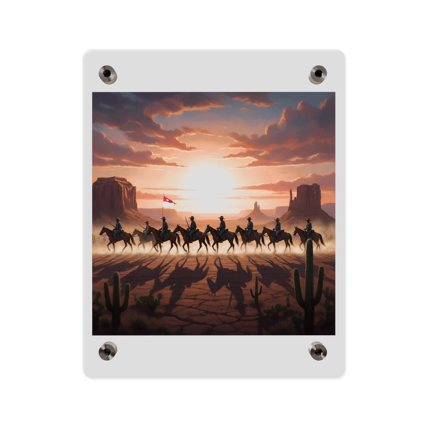Acrylic Wall Art Panel - 10th Cavalry on Patrol in the sunset w 10th Cav Guidon