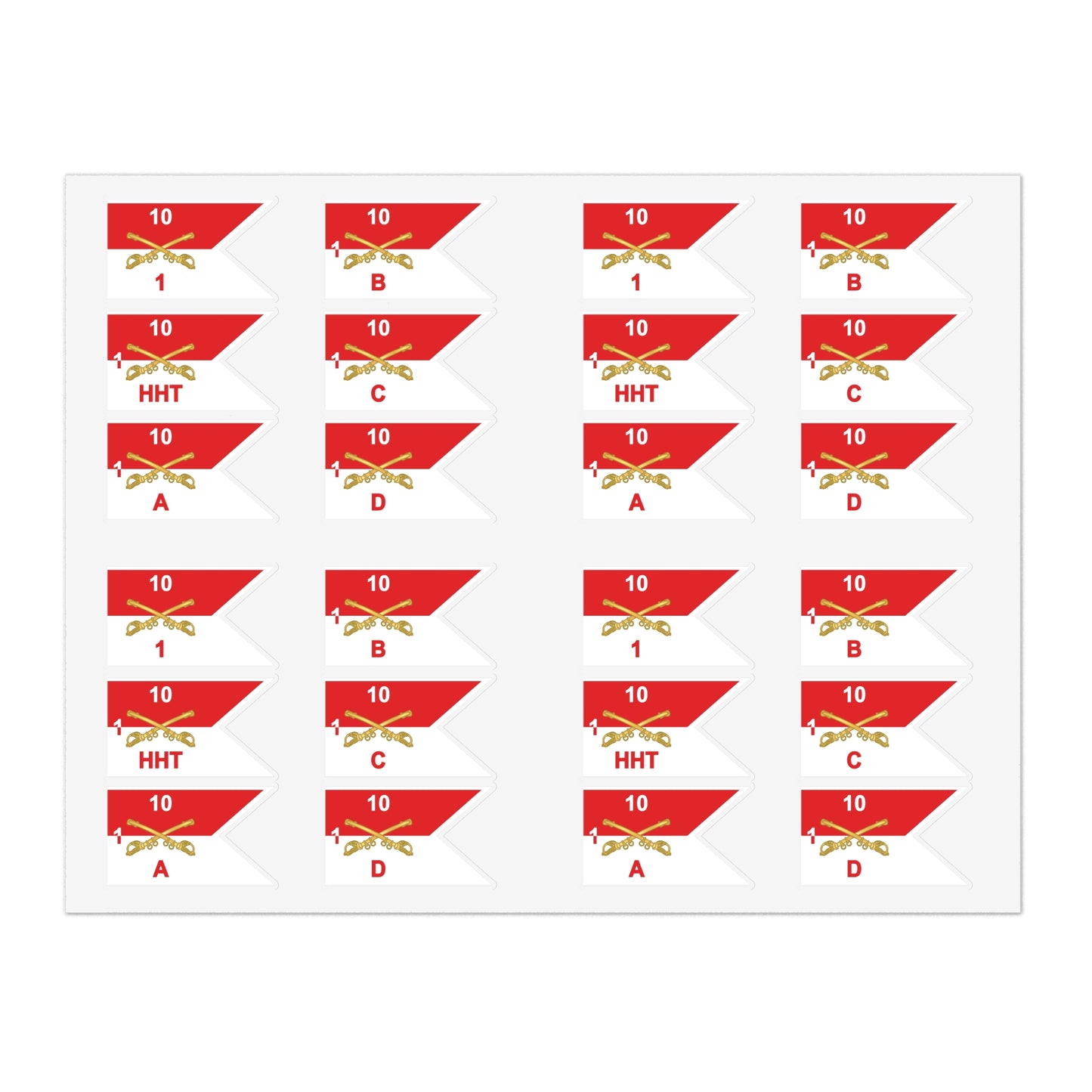 Military Sticker Sheets, 1st Squadron, 10th Cavalry Regiment with All Troop Guidons, Army Decals, Patriotic Stickers, Laptop Decals, Vehicle