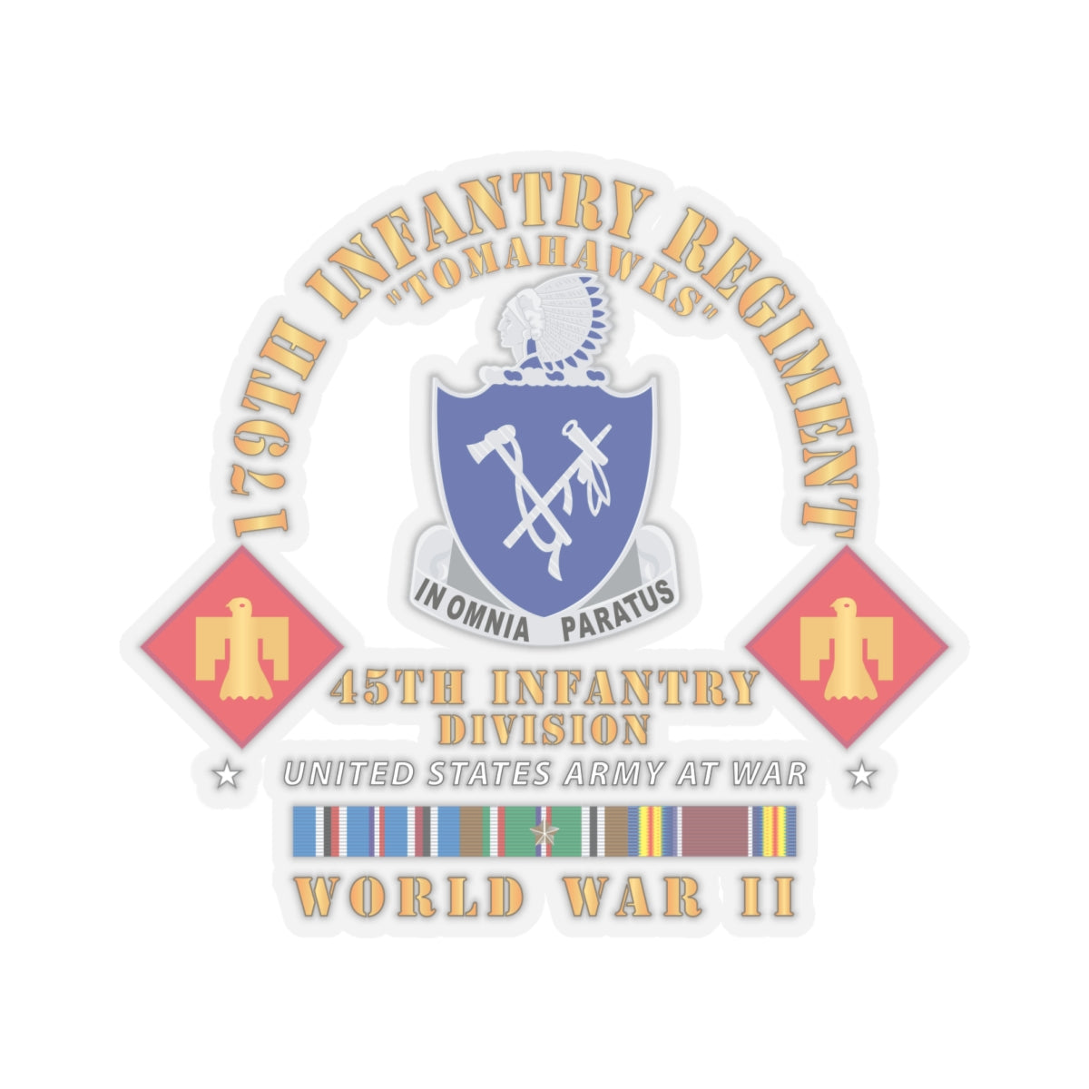 Kiss-Cut Stickers - 179th Infantry Regiment - Tomahawks - DUI - 45th ID - WWII w EUR SVC X 300