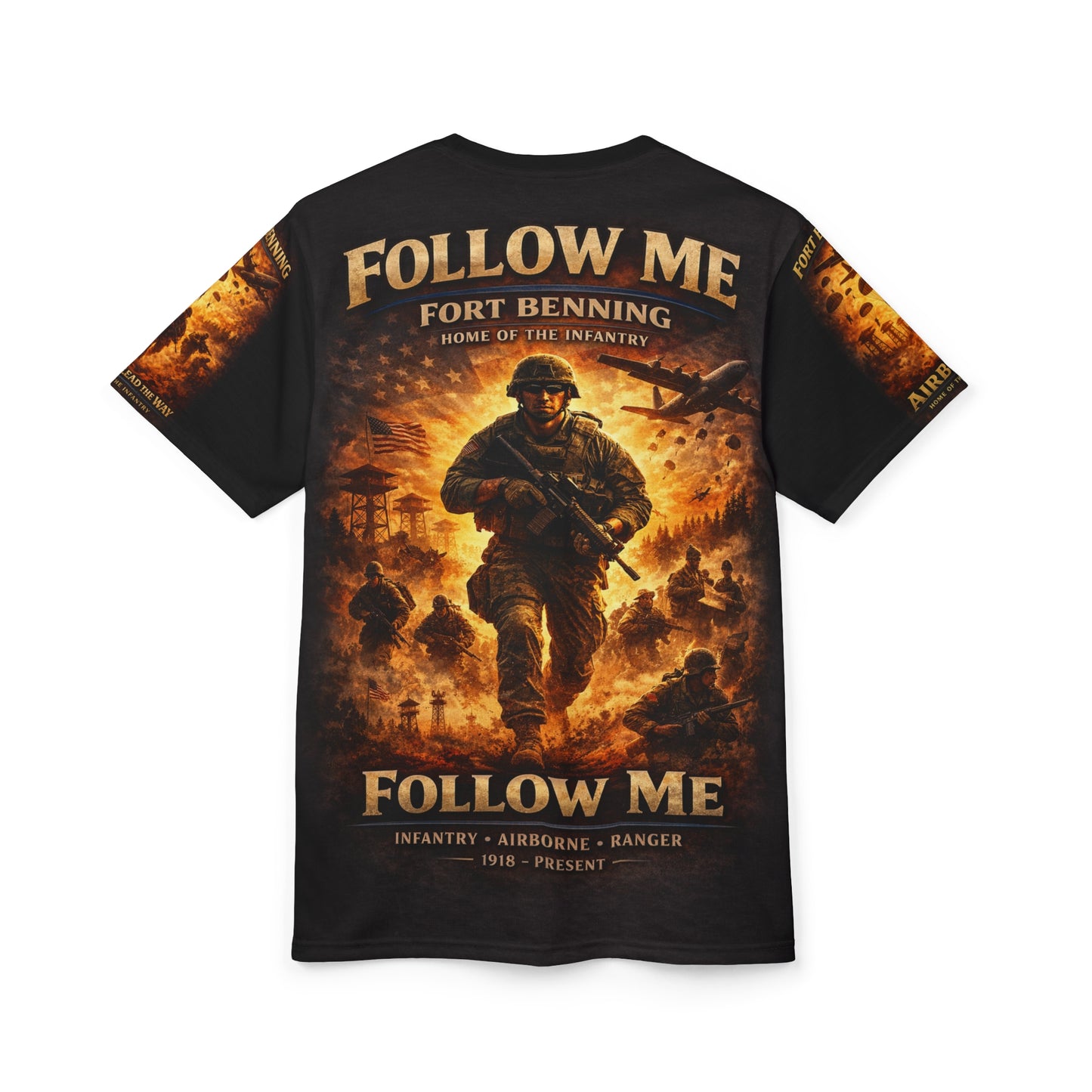 Fort Benning Infantry Tribute All‑Over Print Tee — "Follow Me, I Am the Infantry"