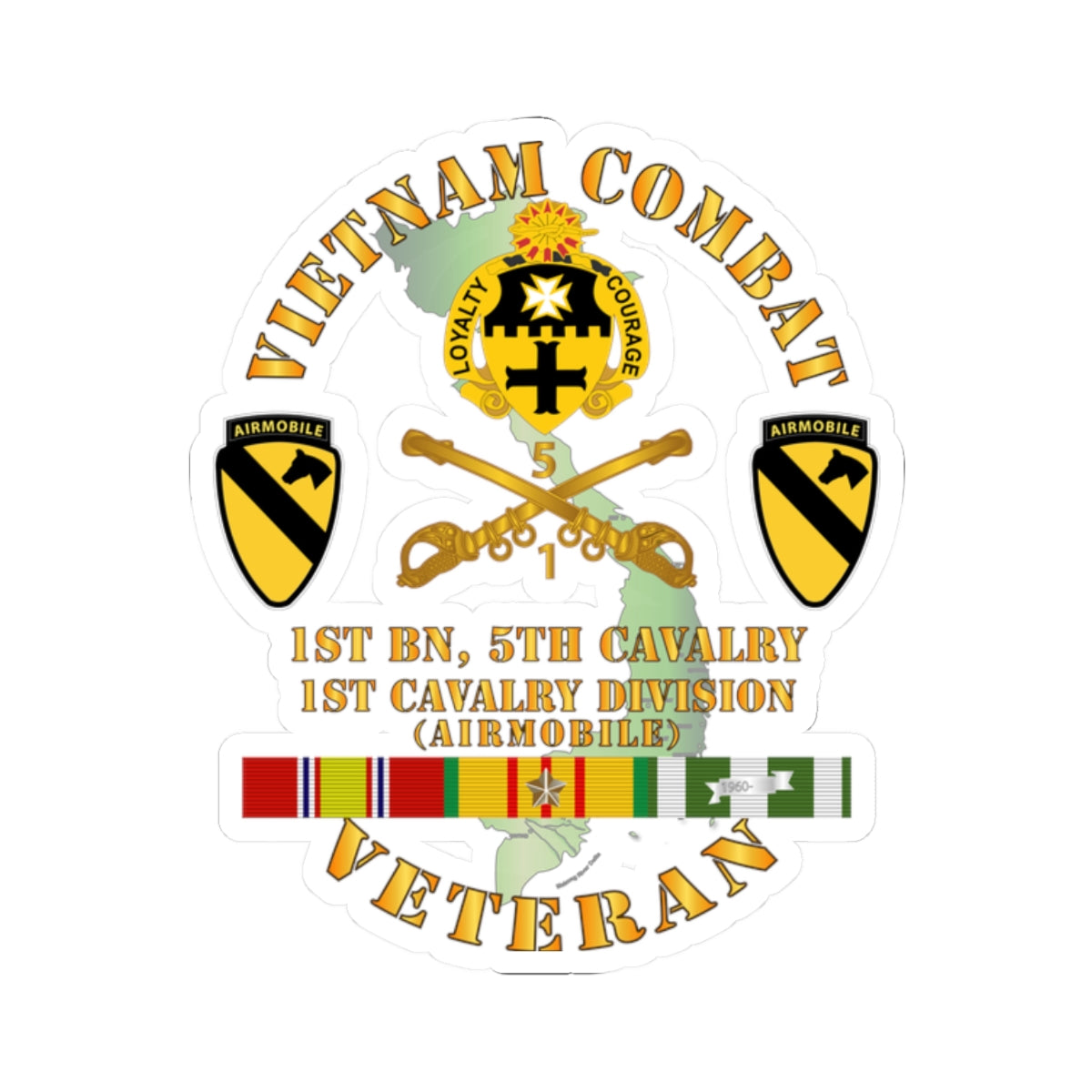 Kiss-Cut Stickers - Vietnam Combat Cavalry Veteran w 1st Bn 5th Cav DUI - 1st Cav Div