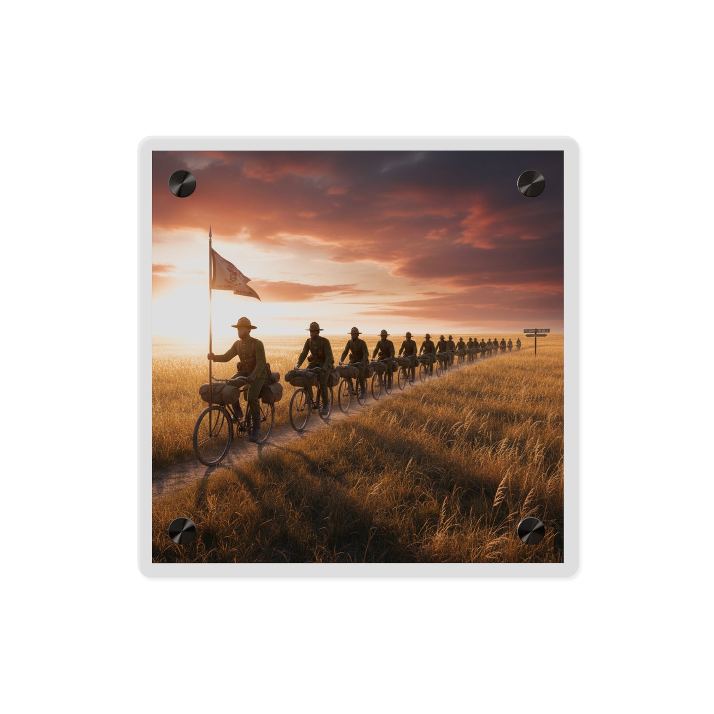 Acrylic Wall Art Panel - E Company 25th Infantry Buffalo Soldiers Bicycle Corps with Guidon on the Prairie at Sunset