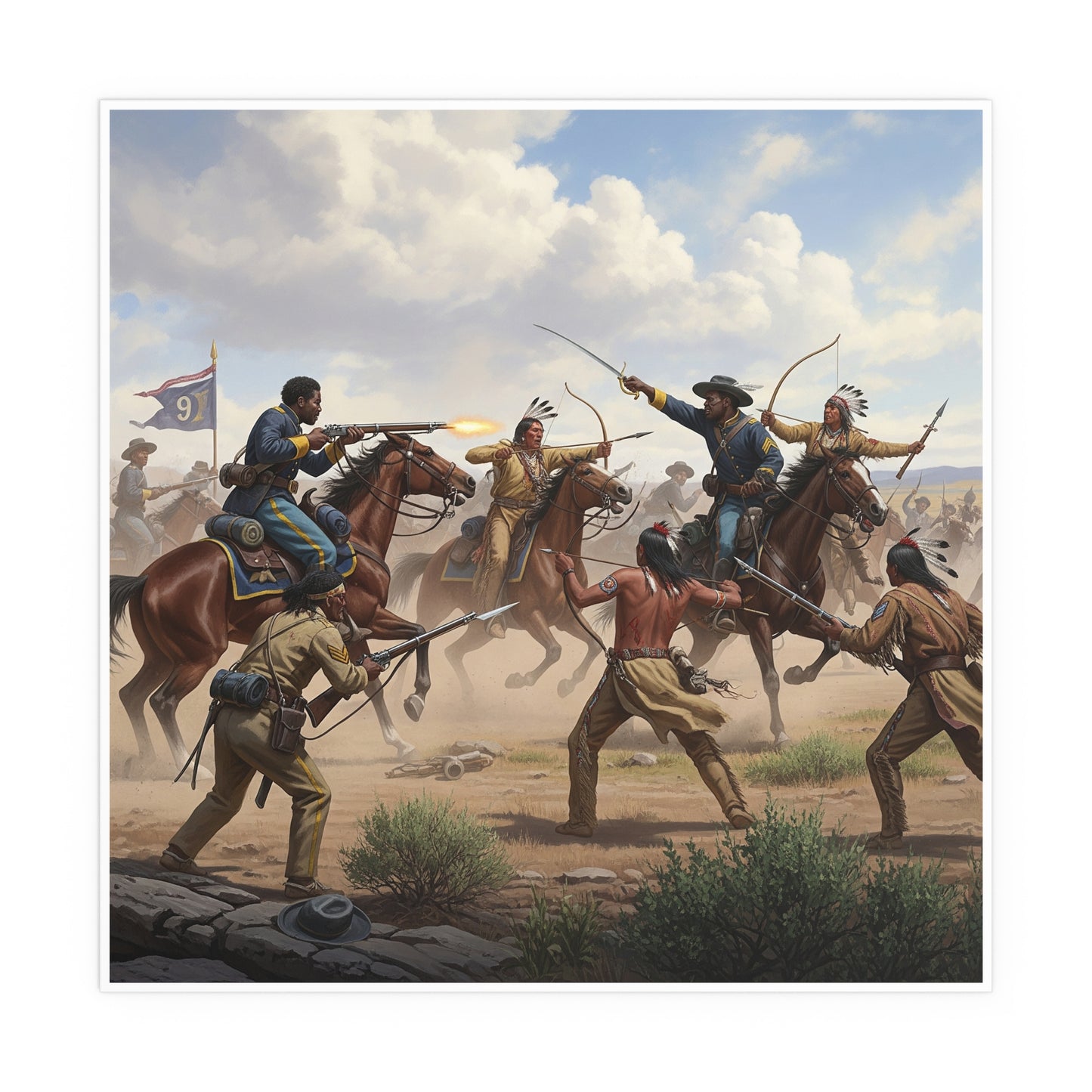 Indoor and Outdoor Silk Posters - 9th Cavalry Regiment fighting Native Americans during the Indian Wars