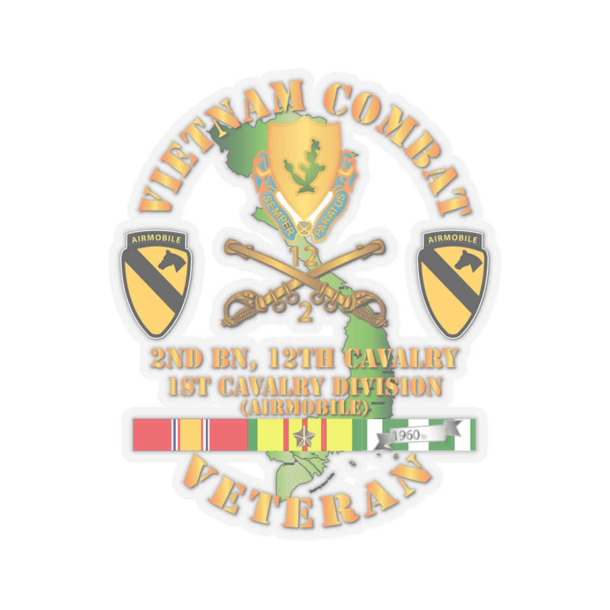 Kiss-Cut Stickers - Vietnam Combat Cavalry Veteran w 2nd Bn 12th Cav DUI - 1st Cav Div