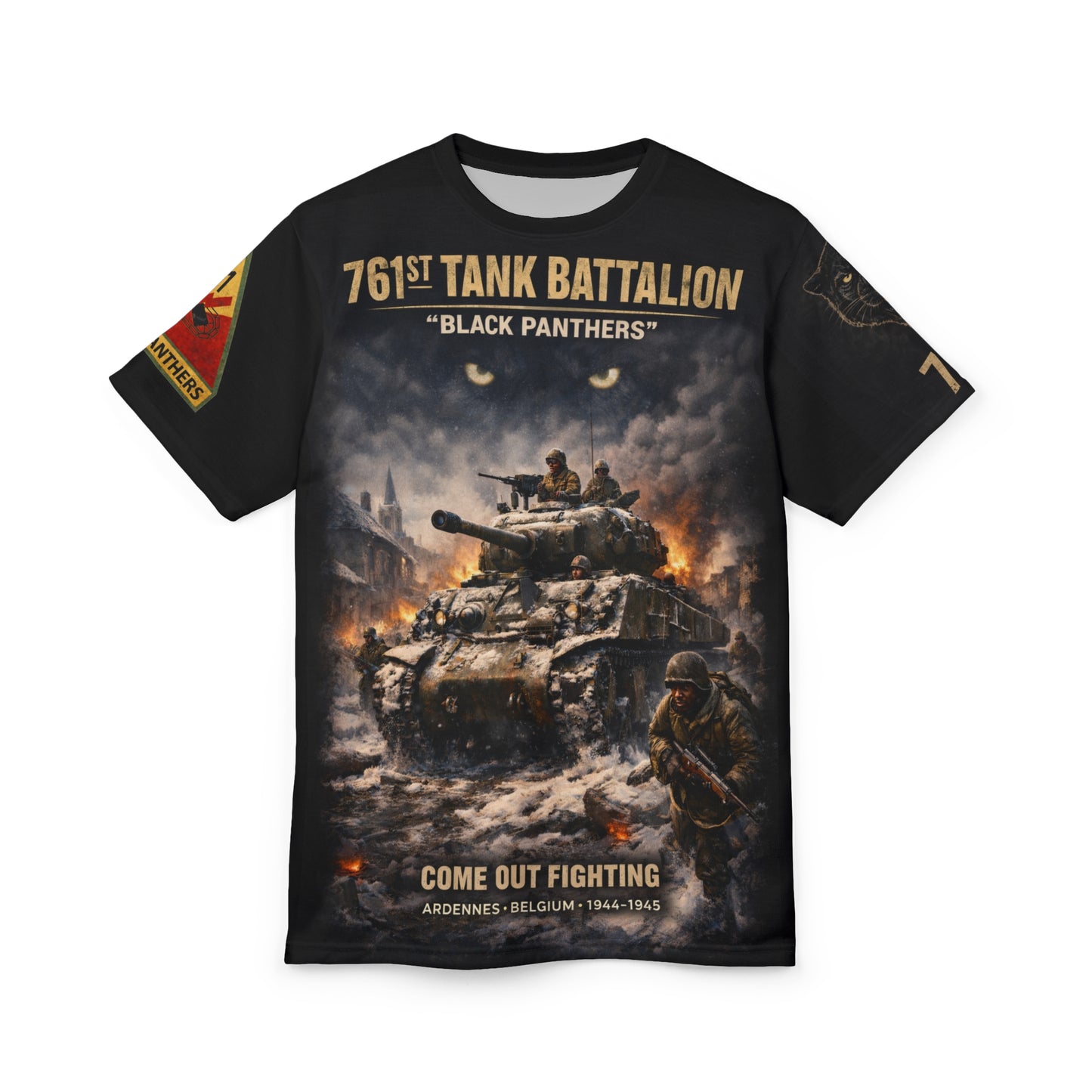 761st Tank Battalion "Black Panthers" All-Over Print Tee — "Come Out Fighting"