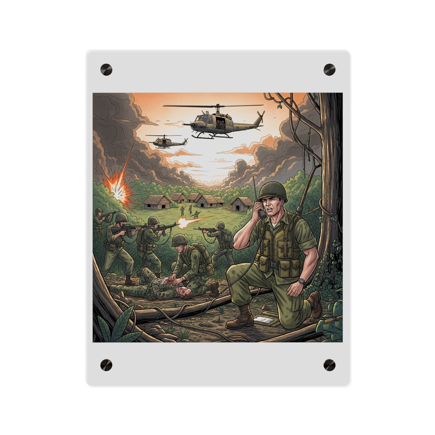 Acrylic Wall Art Panel - Vietnam Patrol Fire Fight Requesting Medevac