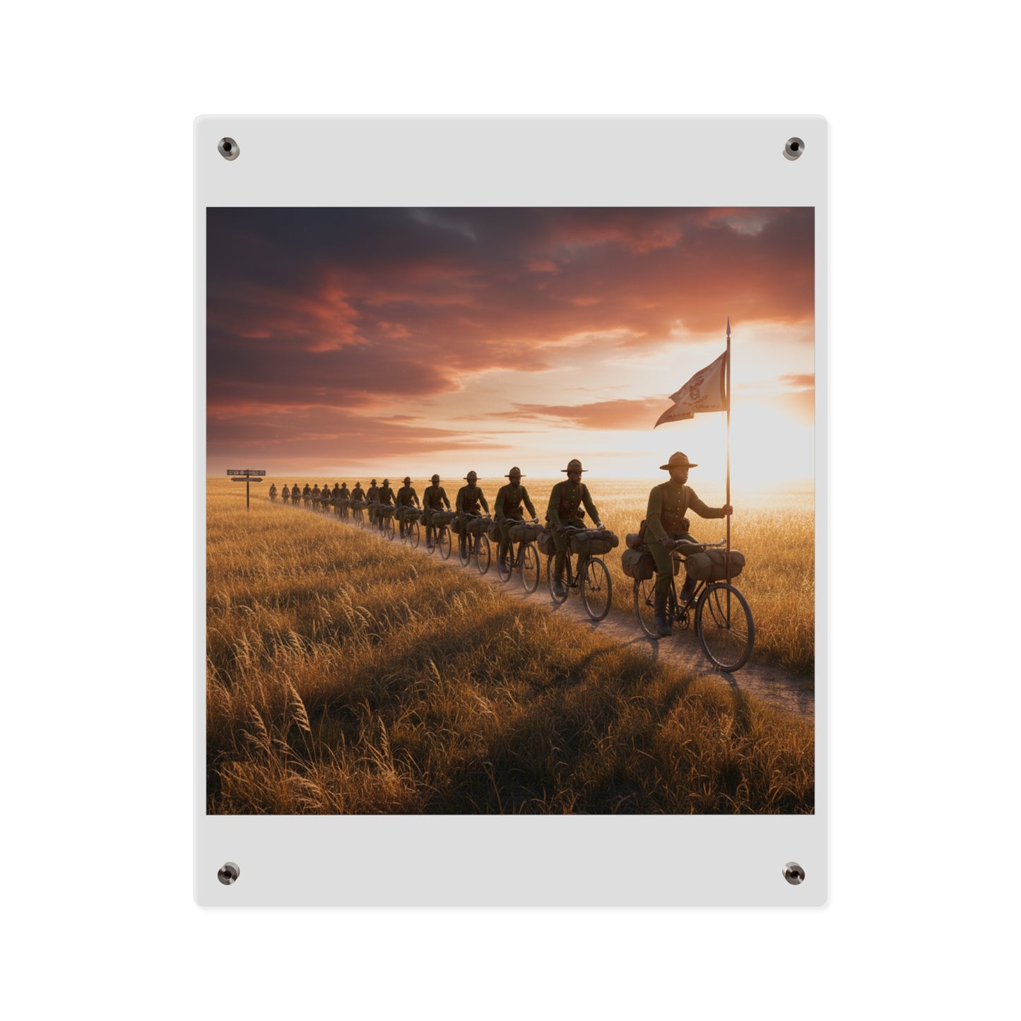 Acrylic Wall Art Panel - E Company 25th Infantry Buffalo Soldiers Bicycle Corps with Guidon on the Prairie at Sunset
