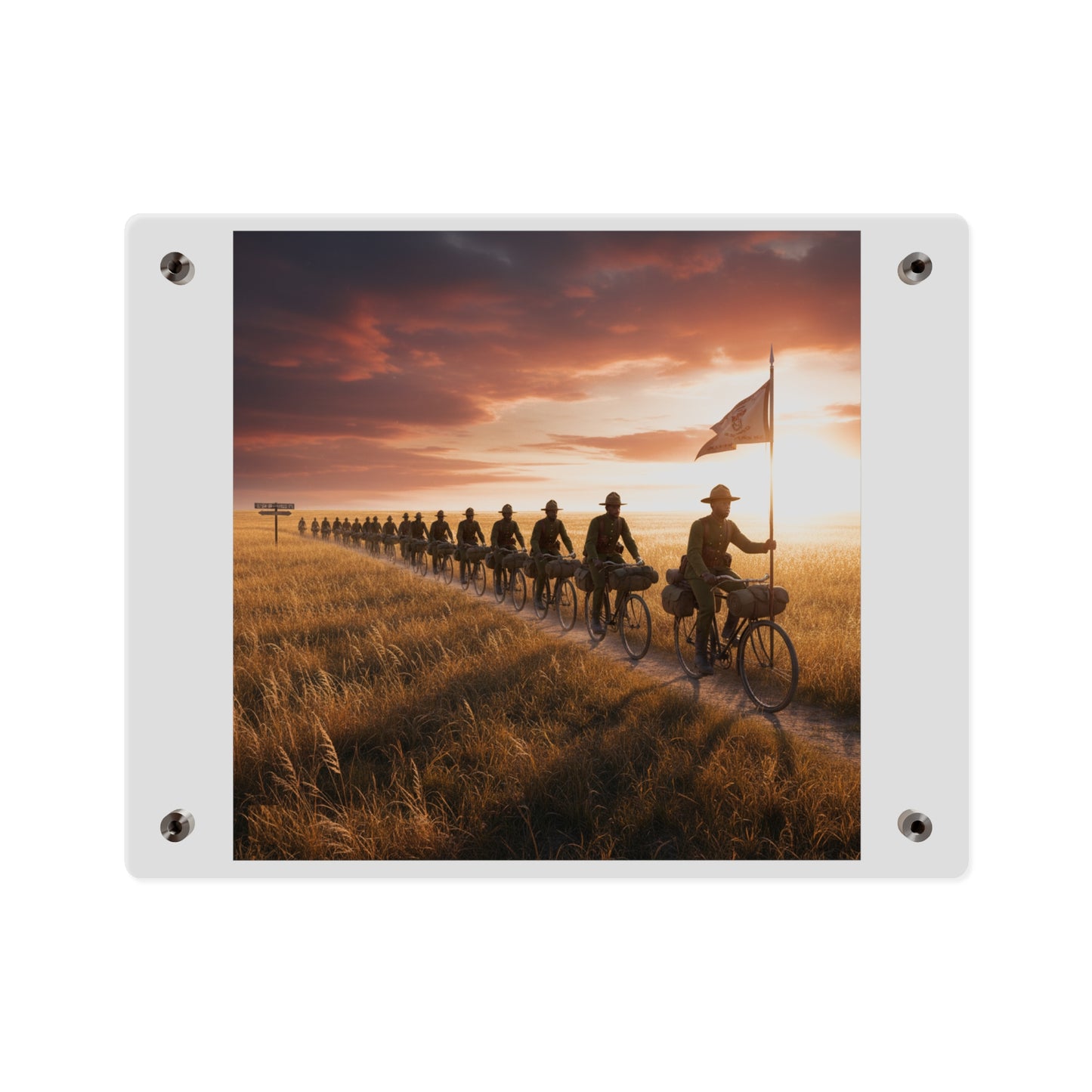 Acrylic Wall Art Panel - E Company 25th Infantry Buffalo Soldiers Bicycle Corps with Guidon on the Prairie at Sunset