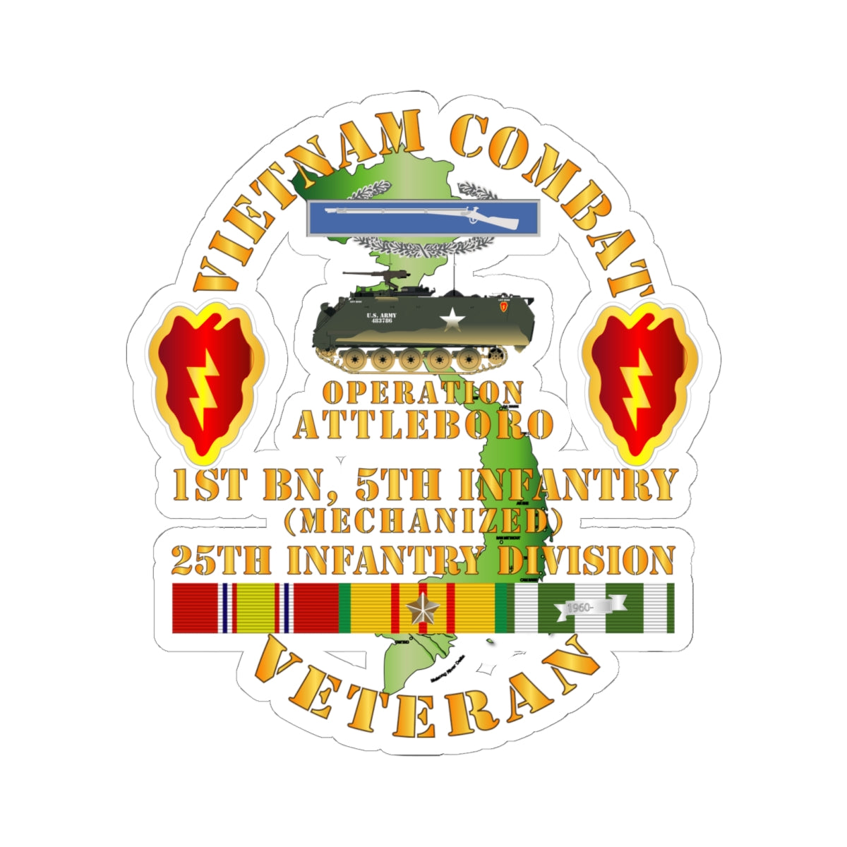 Kiss-Cut Stickers - Vietnam Combat Vet w 1st Bn 5th Inf - 25th Inf Div - Operation Attleboro w VN SVC