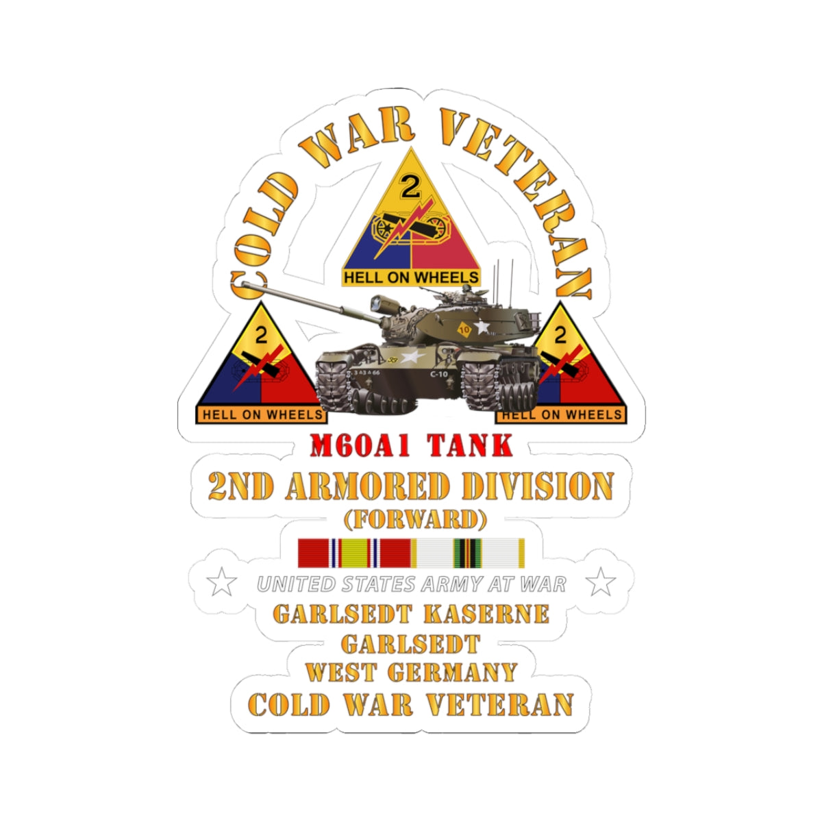 Kiss-Cut Stickers - Cold War Vet - 2nd Armored Division - Garlstedt, Germany - M60A1 Tank w COLD SVC