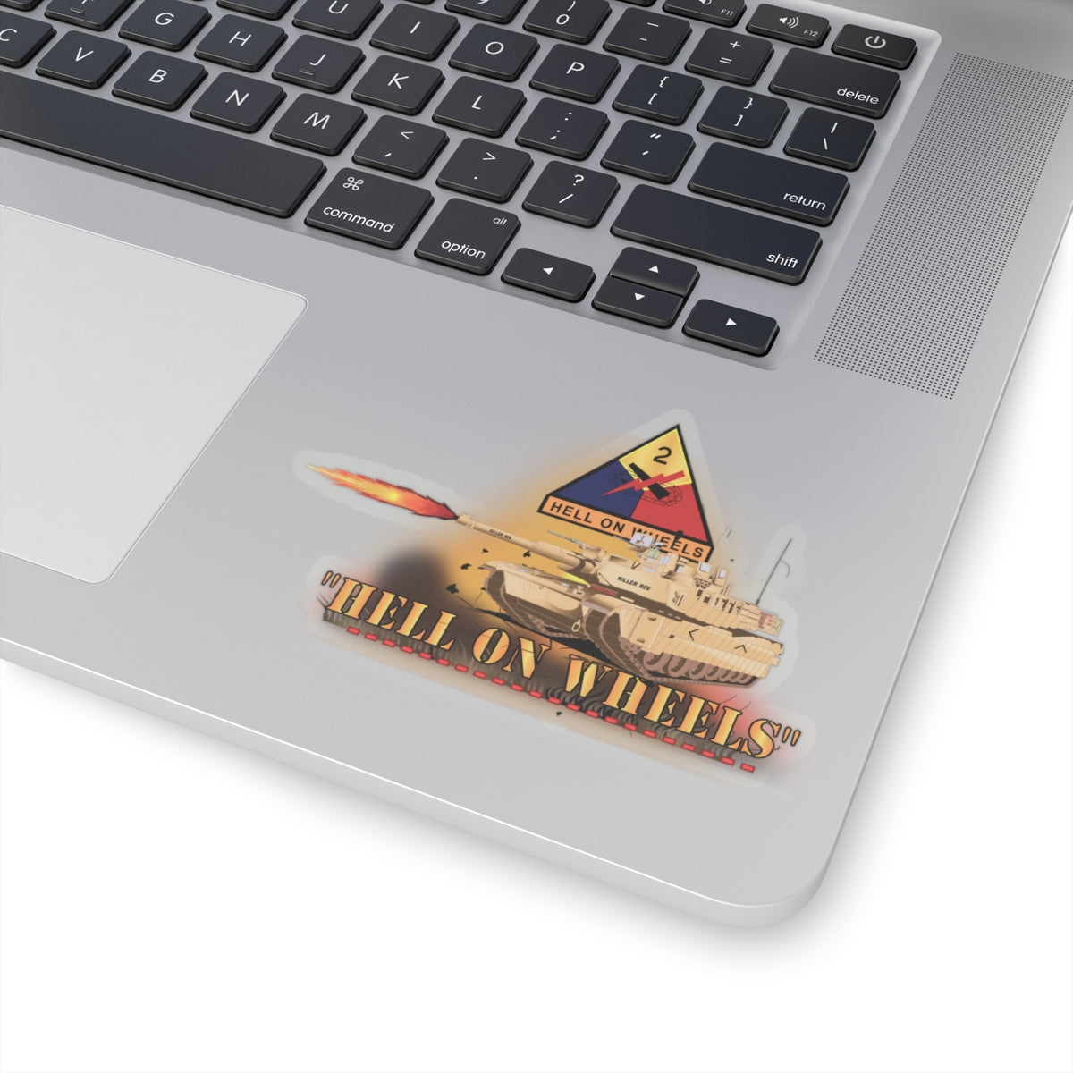 Kiss-Cut Stickers - 2nd Armored Division - M1A1 Tank - Hell on Wheels w Fire X 300