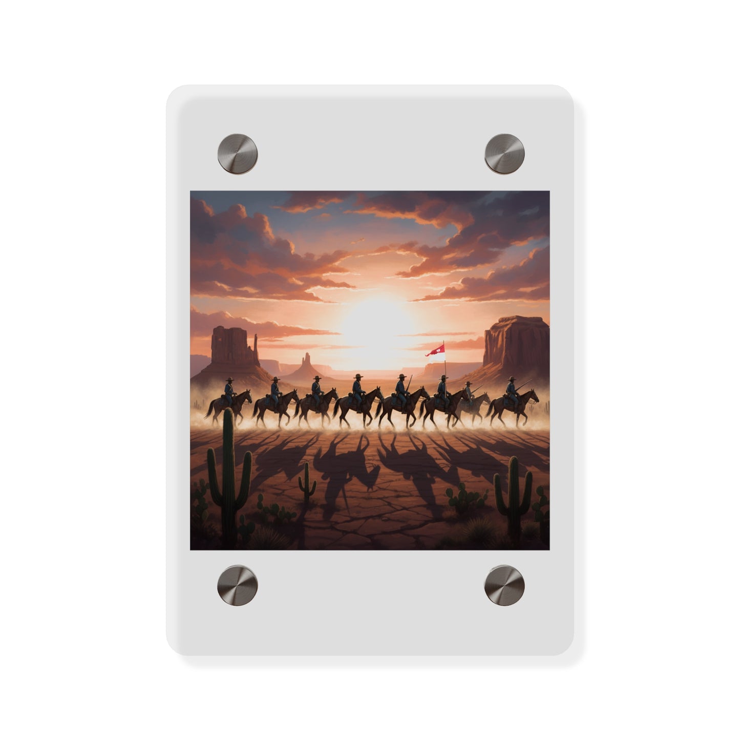 Acrylic Wall Art Panel - 10th Cavalry on Patrol in the sunset w 10th Cav Guidon