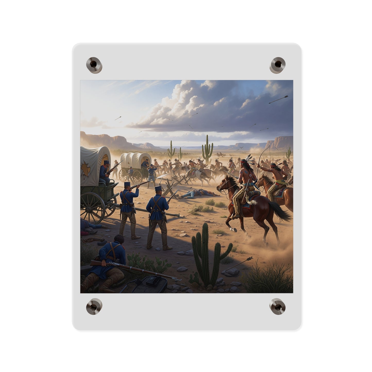 Acrylic Wall Art Panel - Apache Indians attacking a US Army defending a wagon train