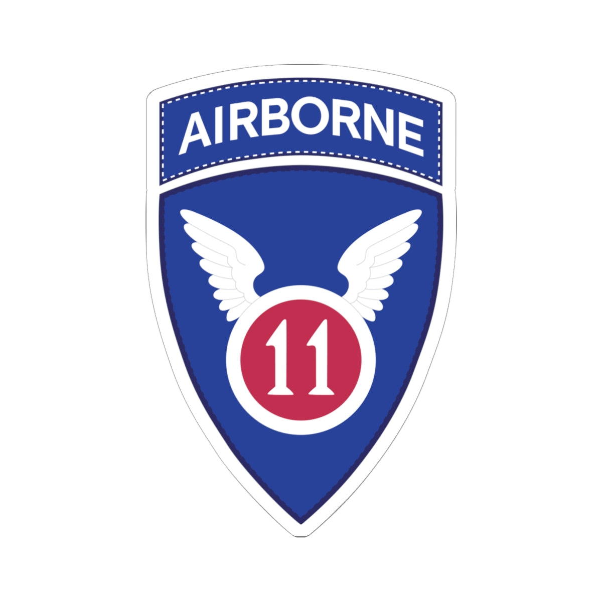 A kiss-Cut Stickers depicting the The 11th Airborne Division, known as the "Angels," is a historic U.S. Army airborne unit. Its shoulder sleeve insignia (SSI) features a red winged sword (symbolizing speed and striking power) on a blue background with a white border.