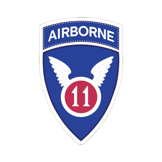 A kiss-Cut Stickers depicting the The 11th Airborne Division, known as the "Angels," is a historic U.S. Army airborne unit. Its shoulder sleeve insignia (SSI) features a red winged sword (symbolizing speed and striking power) on a blue background with a white border.