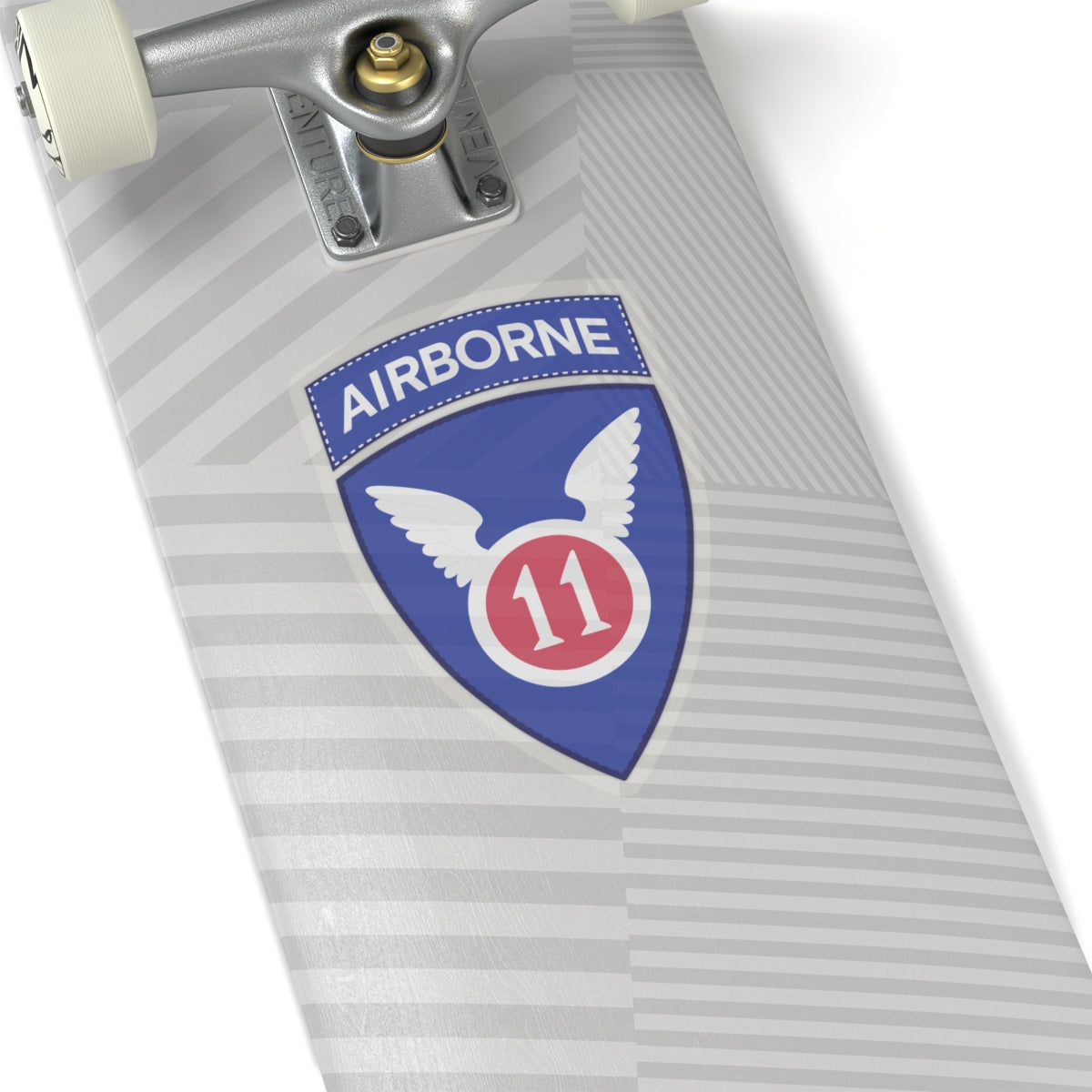 A kiss-Cut Stickers depicting the The 11th Airborne Division, known as the "Angels," is a historic U.S. Army airborne unit. Its shoulder sleeve insignia (SSI) features a red winged sword (symbolizing speed and striking power) on a blue background with a white border.