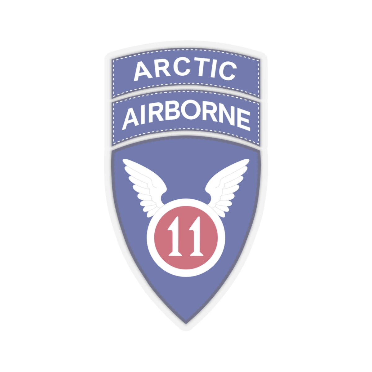A kiss-Cut Stickers depicting the 11th Airborne Division, reactivated in 2022, is a U.S. Army unit specializing in cold-weather and Arctic operations. Nicknamed the "Arctic Angels," its shoulder sleeve insignia (SSI) features a red angel wing and sword on a blue background, and it is often worn with the "Arctic" tab to denote its mission focus.