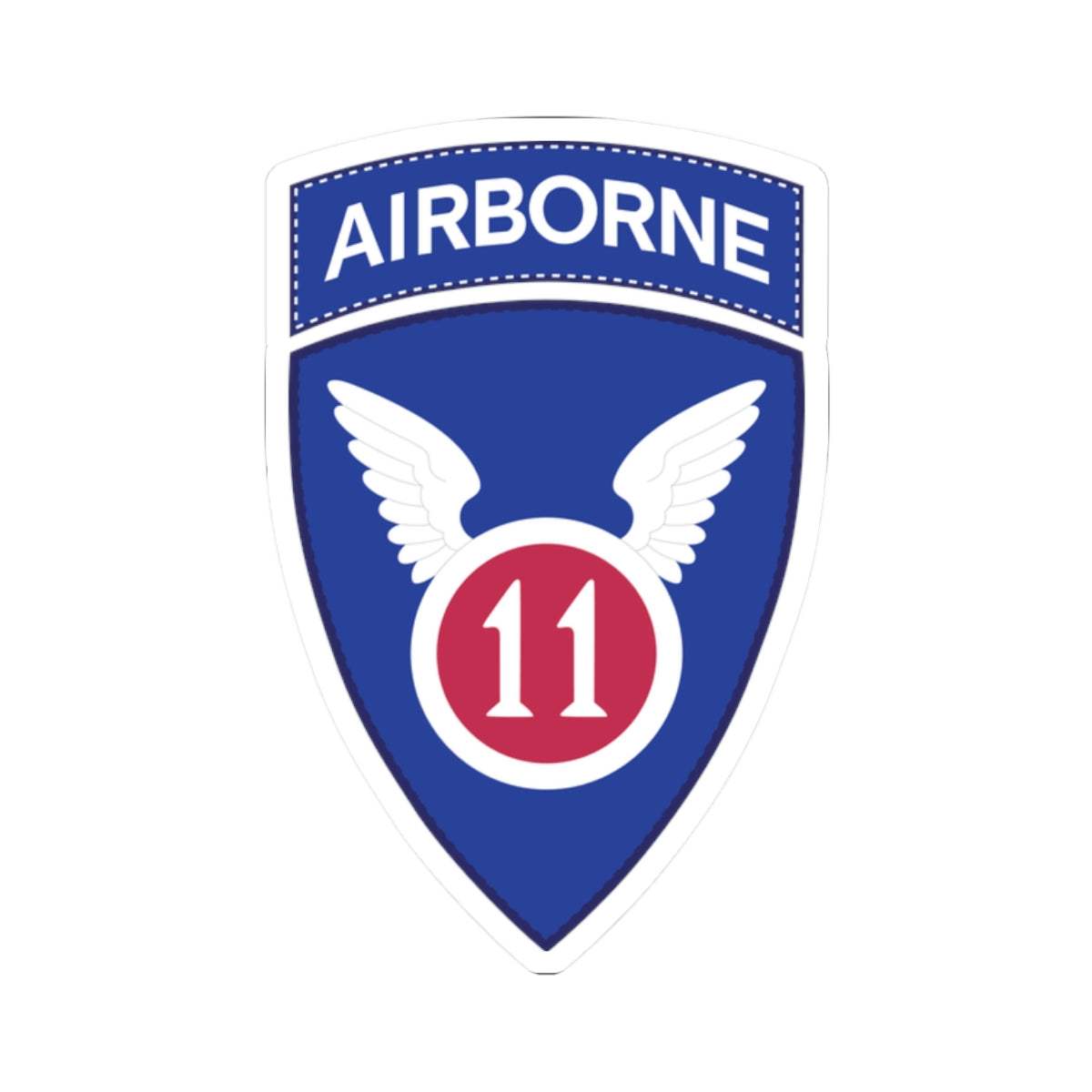 A kiss-Cut Stickers depicting the The 11th Airborne Division, known as the "Angels," is a historic U.S. Army airborne unit. Its shoulder sleeve insignia (SSI) features a red winged sword (symbolizing speed and striking power) on a blue background with a white border.