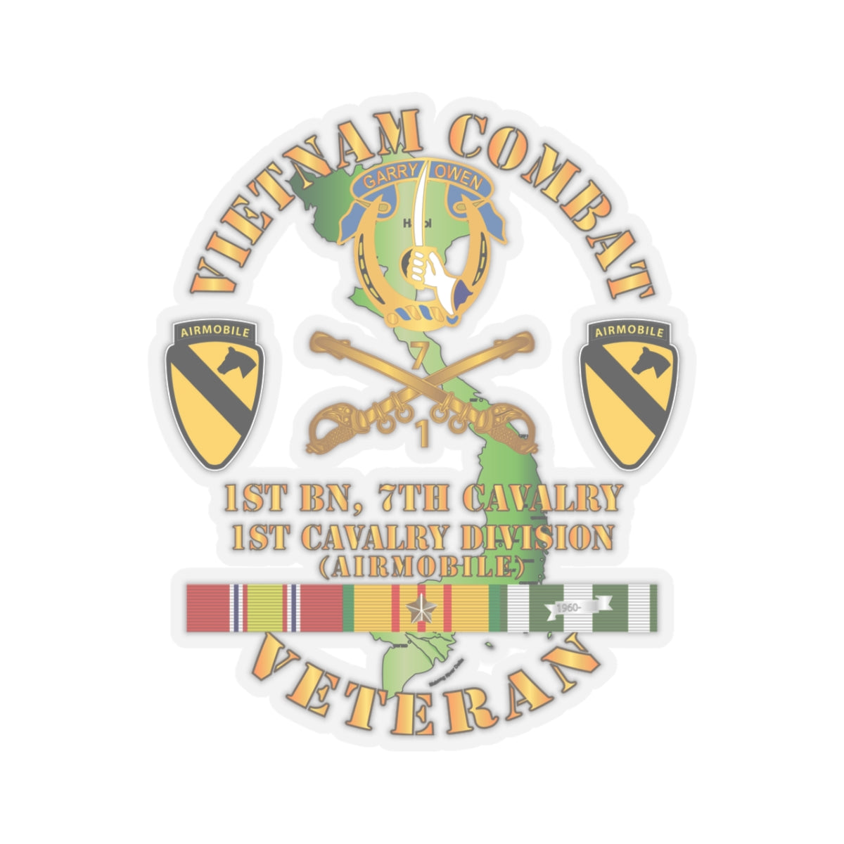 Kiss-Cut Stickers - Vietnam Combat Cavalry Veteran w 1st Bn 7th Cav DUI - 1st Cav Div