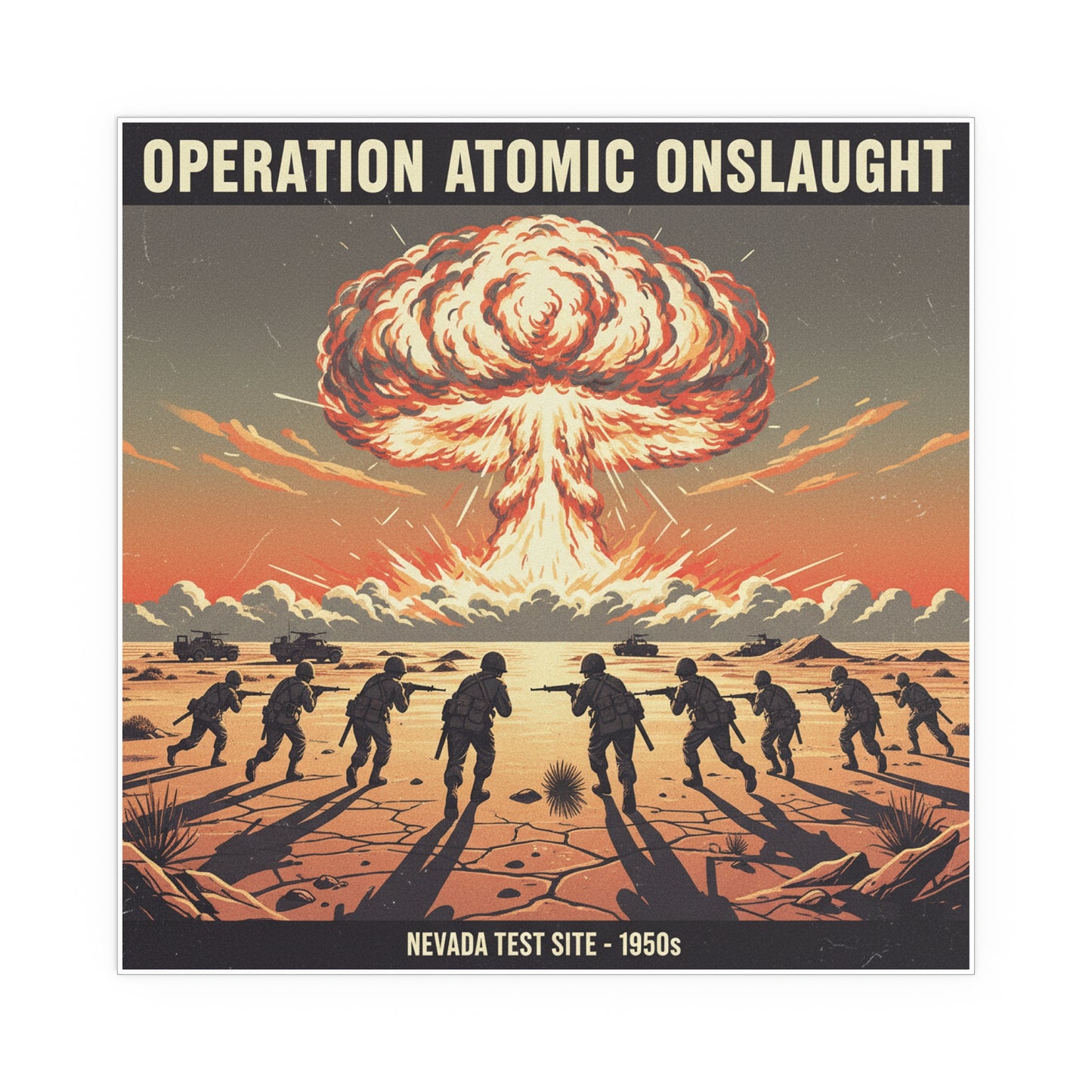 Indoor and Outdoor Silk Posters - Atomic Testing in Nevada Desert Operation Fury - Toward the attack