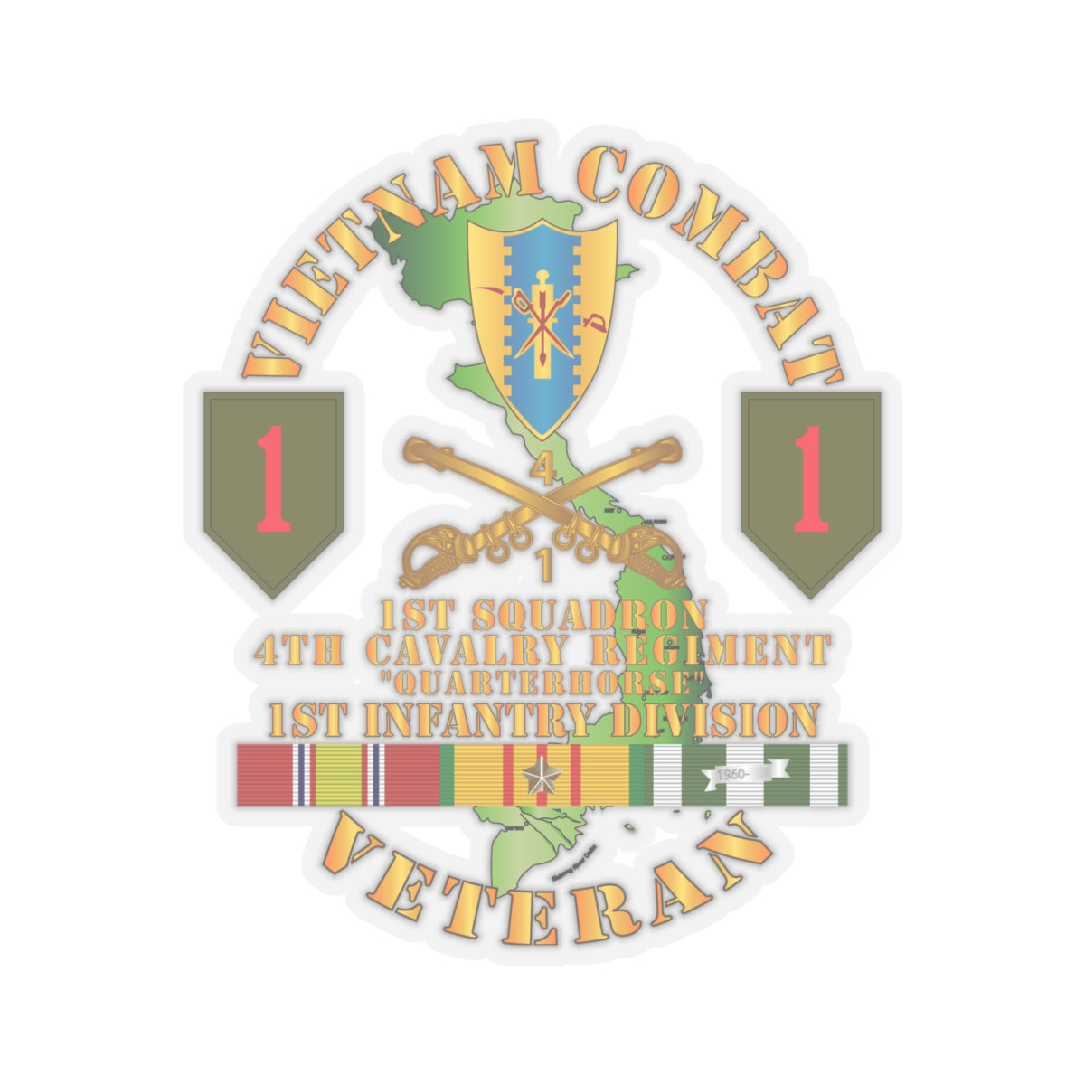 Kiss-Cut Stickers - Vietnam Combat Infantry Vet - 1st Squadron 4th Cav - 1st Inf Div SSI