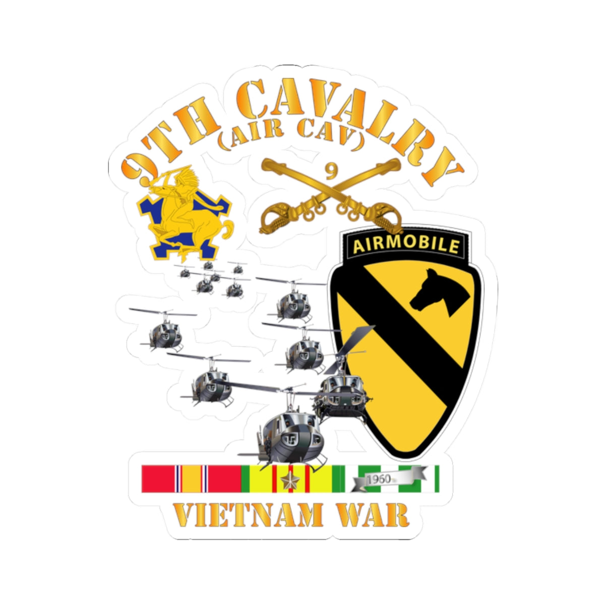 Kiss-Cut Stickers - 9th Cavalry (Air Cav) - 1st Cav Division w SVC