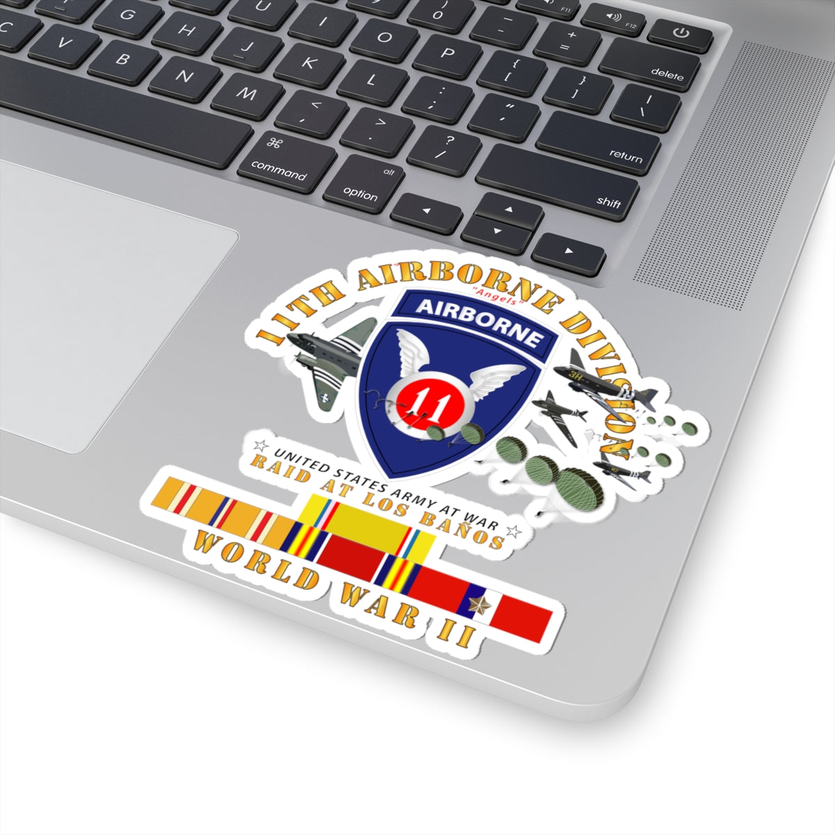 Kiss-Cut Stickers - 11th Airborne Division - Raid at Los Baños W Jumpers - WWII w PAC SVC