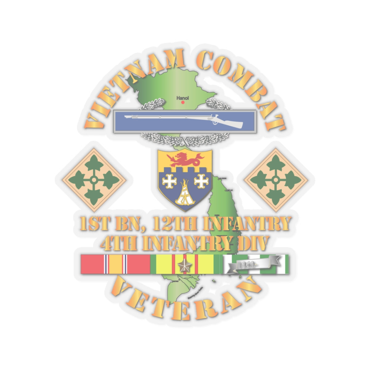 Kiss-Cut Stickers -  Vietnam Combat Infantry Veteran w 1st Bn 12th Inf - 4th ID SSI