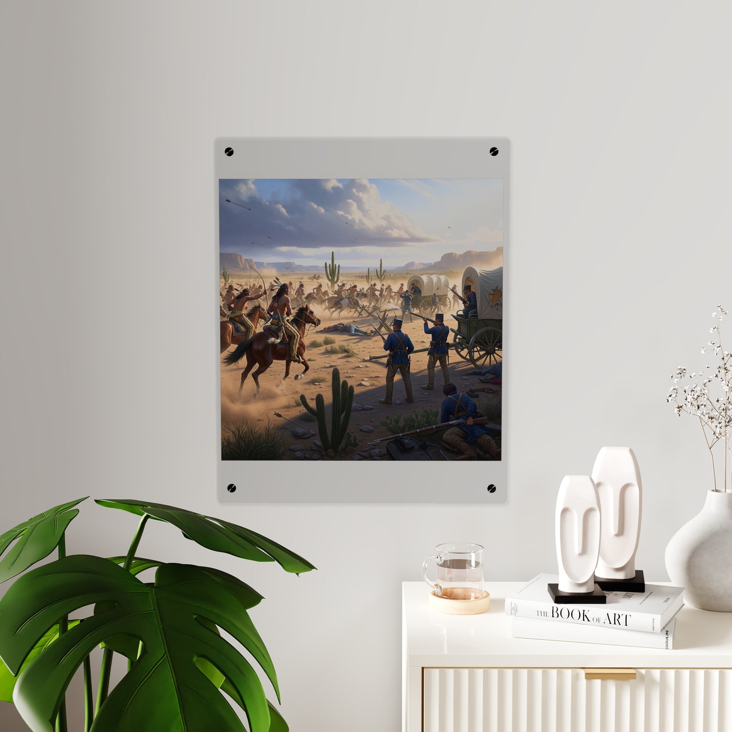 Acrylic Wall Art Panel - Apache Indians attacking a US Army defending a wagon train